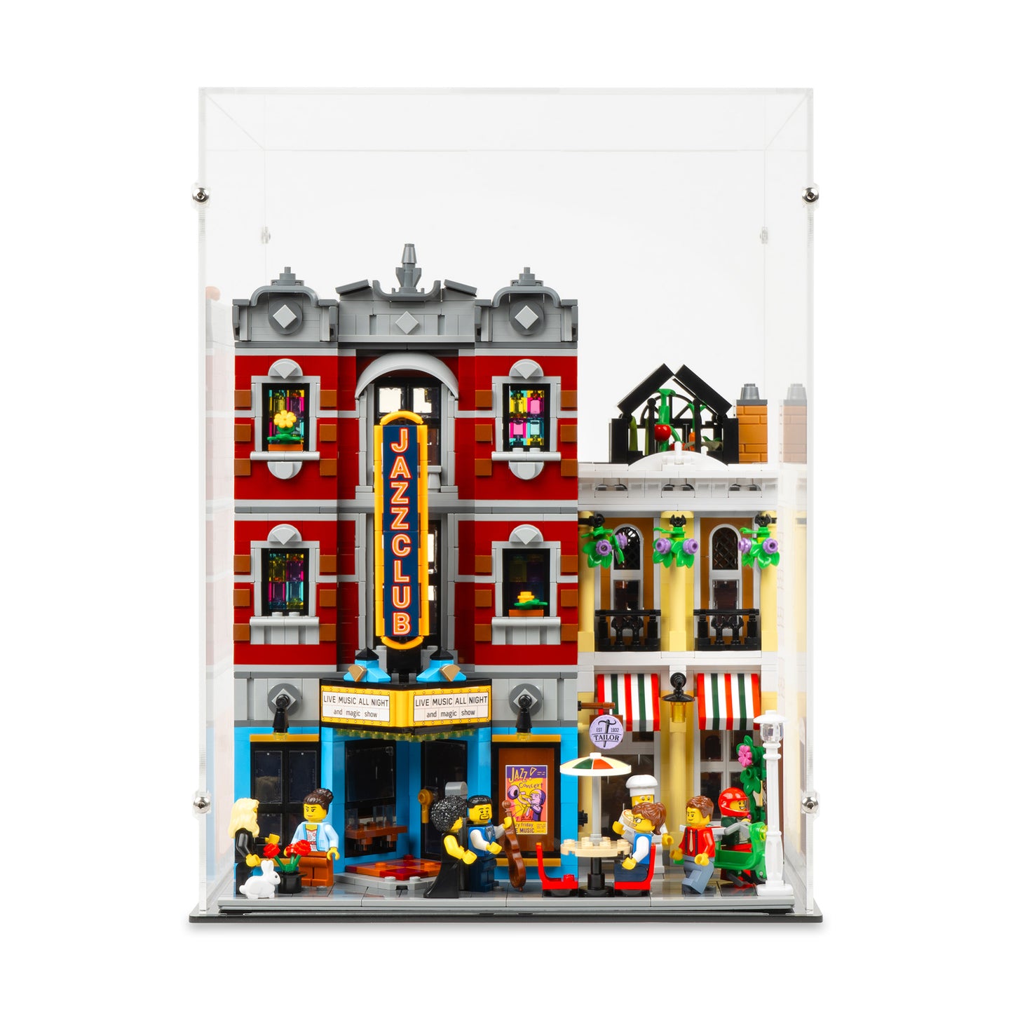 Front view of LEGO 10312 Jazz Club Display Case.