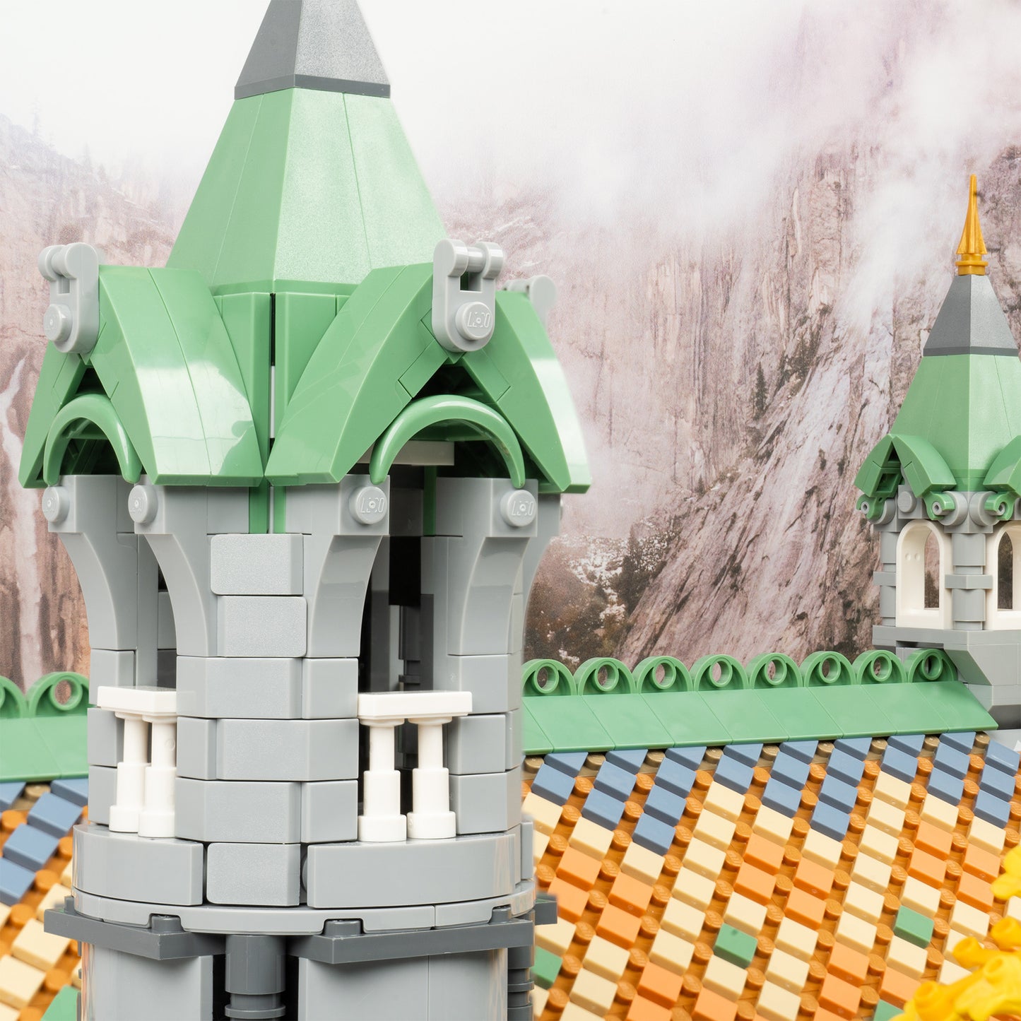 Tower detail view of LEGO 10316 The Lord of the Rings Rivendell Display Case with a UV printed background.