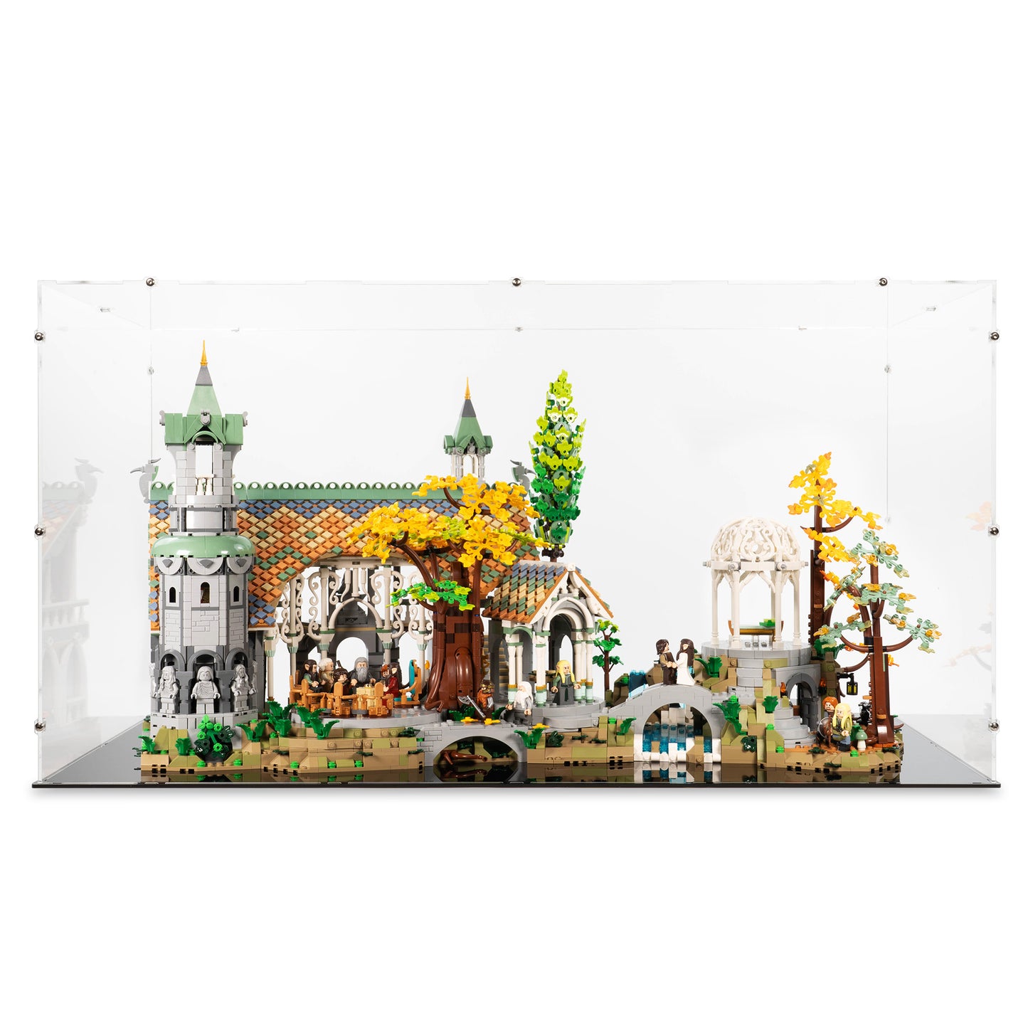 Front view of LEGO 10316 The Lord of the Rings Rivendell Display Case.
