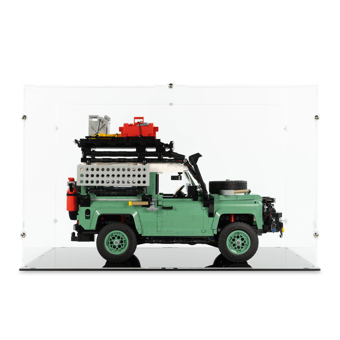 Front view of LEGO 10317 Land Rover Classic Defender 90 Display Case.
