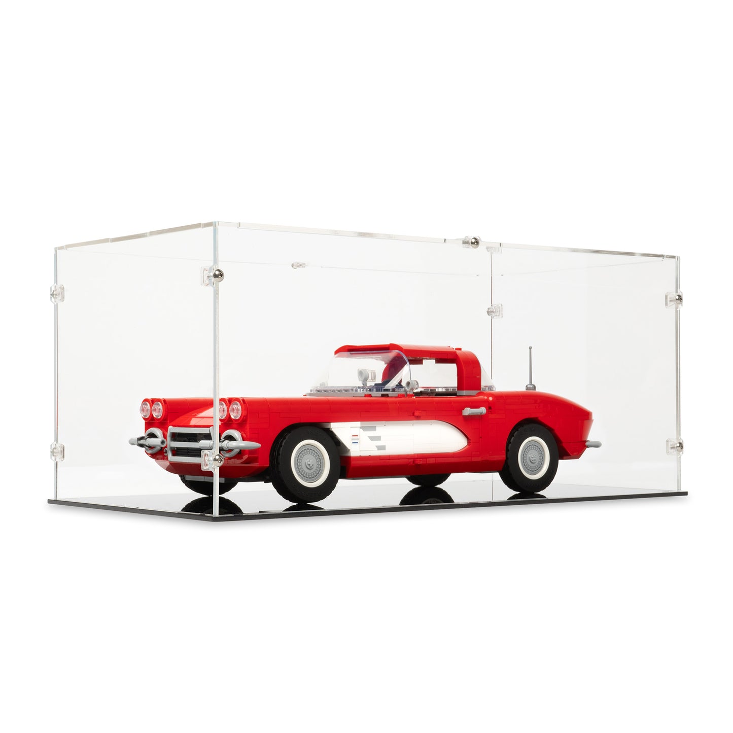Angled view of LEGO 10321 Chevrolet Corvette 1961 Display Case.