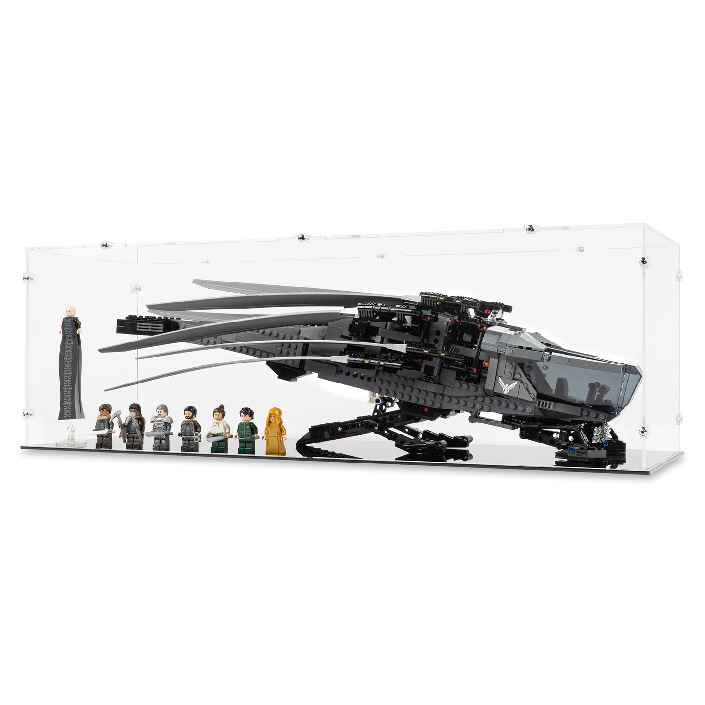 Angled view of LEGO 10327 Dune Atreides Royal Ornithopter Display Case.