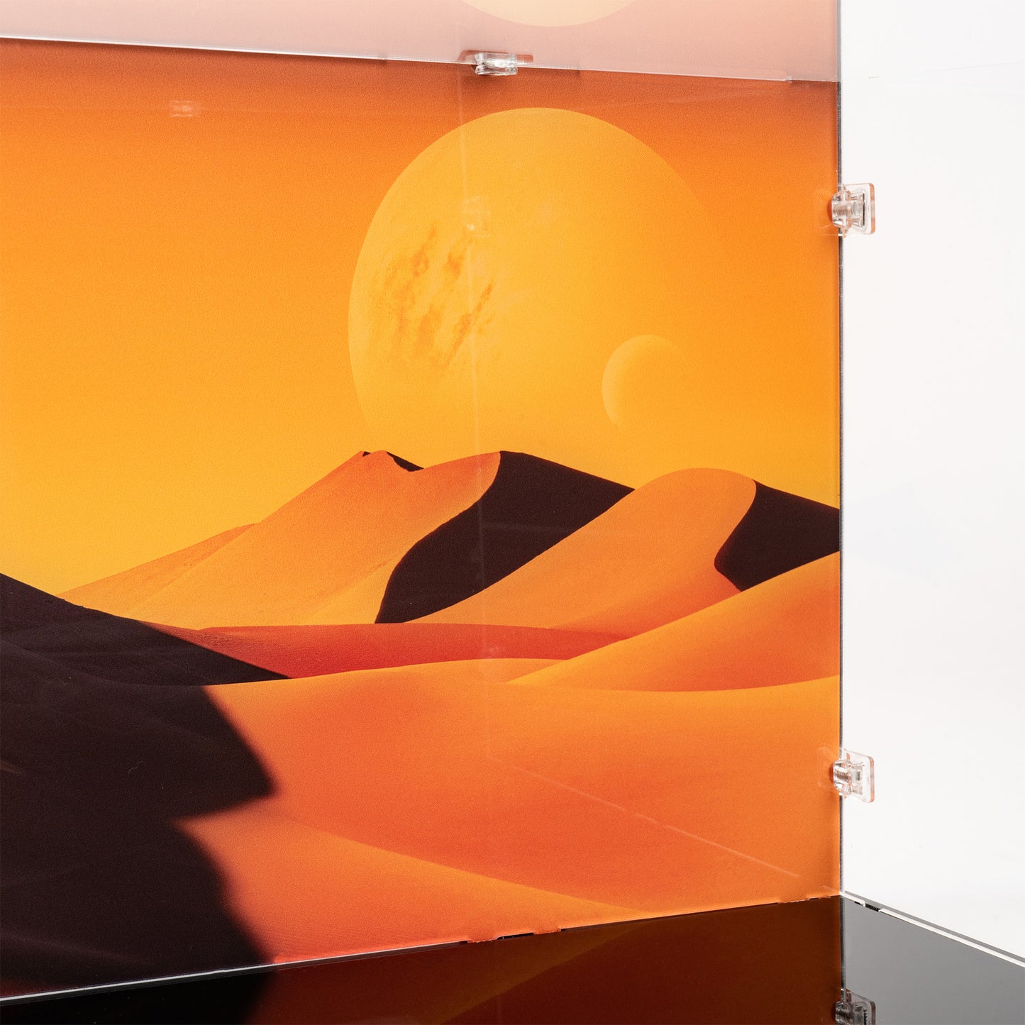Right corner detail view of LEGO 10327 Dune Atreides Royal Ornithopter Display Case with a UV printed background.