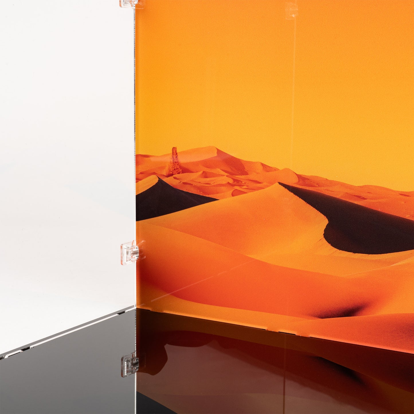Left corner detail view of LEGO 10327 Dune Atreides Royal Ornithopter Display Case with a UV printed background.