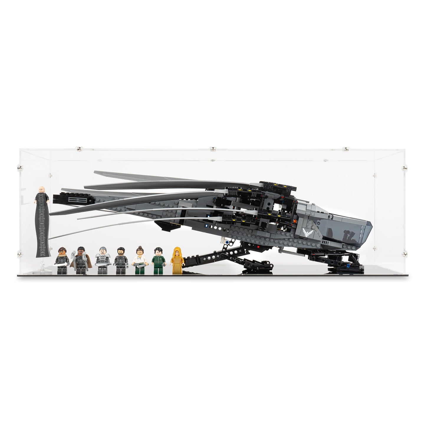 Front view of LEGO 10327 Dune Atreides Royal Ornithopter Display Case.