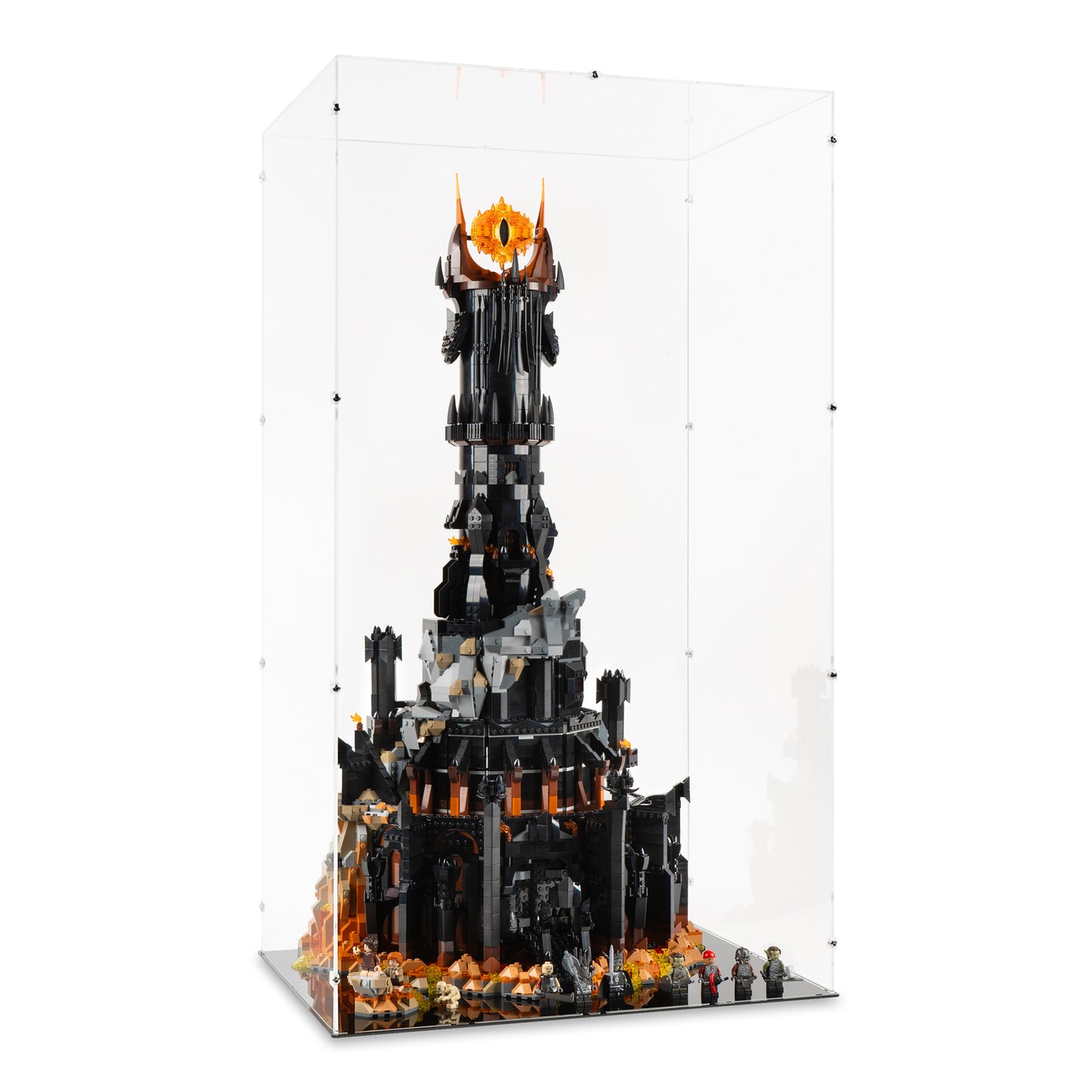 Angled view of LEGO 10333 The Lord of the Rings Barad-dûr Display Case.