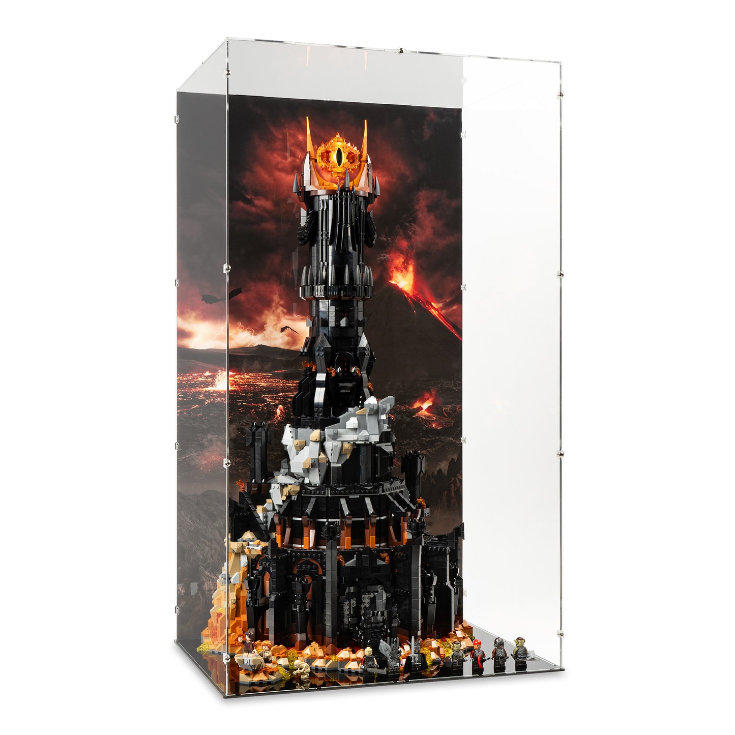 Angled view of LEGO 10333 The Lord of the Rings Barad-dûr Display Case with a UV printed background.