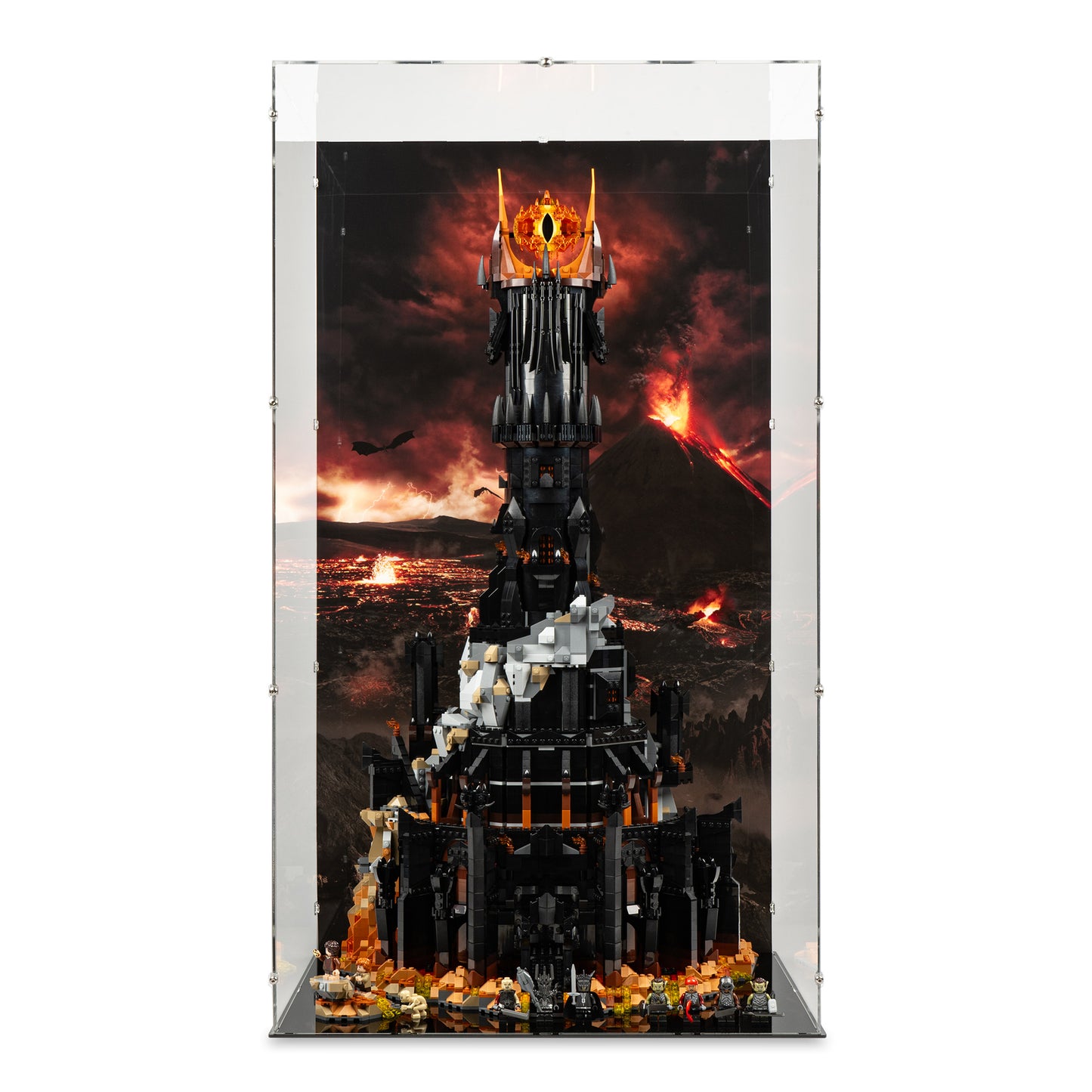 Front view of LEGO 10333 The Lord of the Rings Barad-dûr Display Case with a UV printed background.