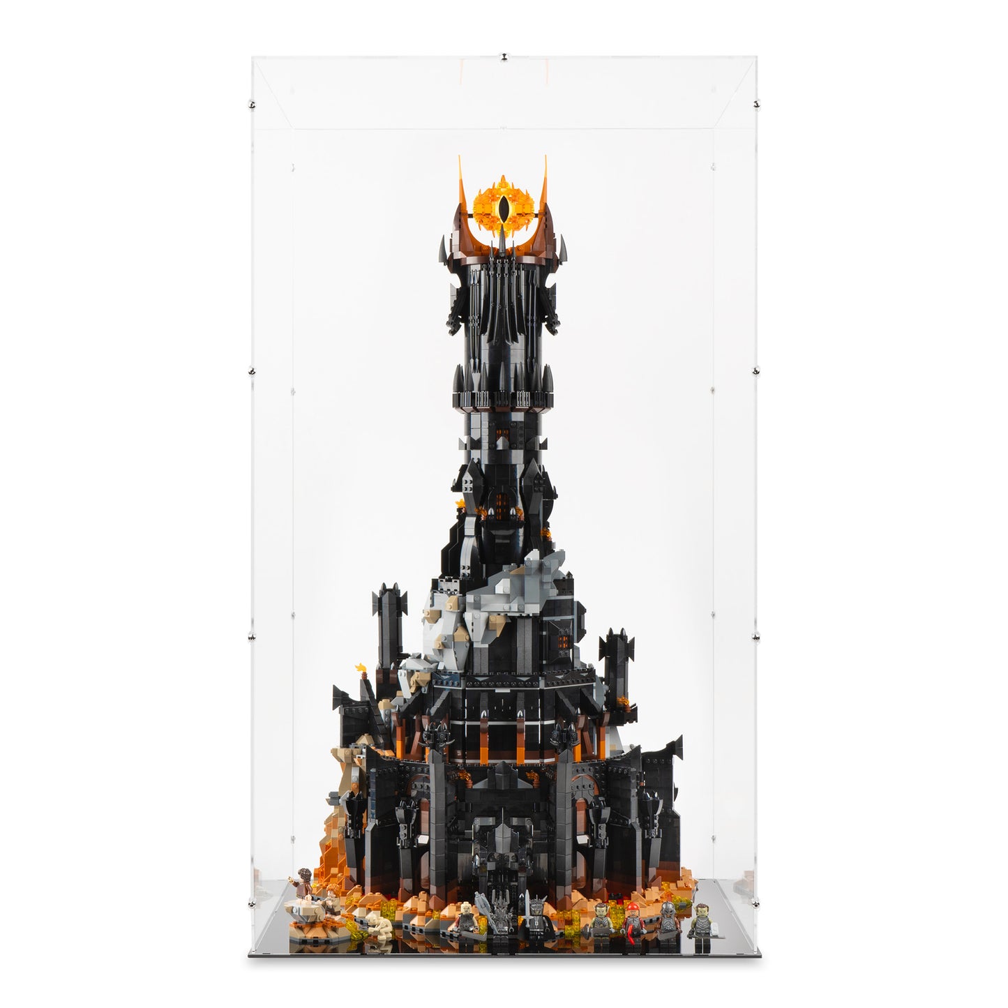 Front view of LEGO 10333 The Lord of the Rings Barad-dûr Display Case.