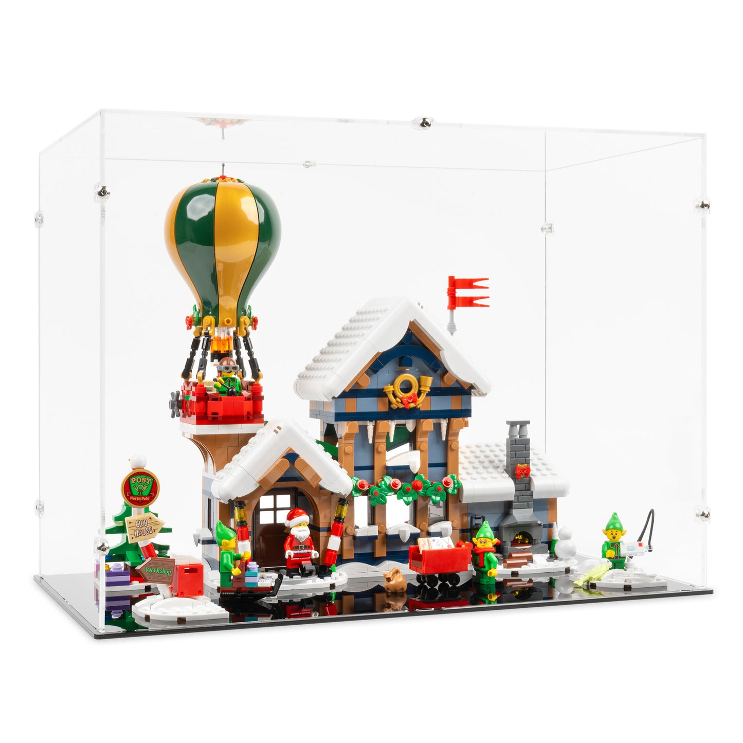 Angled view of LEGO 10339 Santa's Post Office Display Case with a black base.
