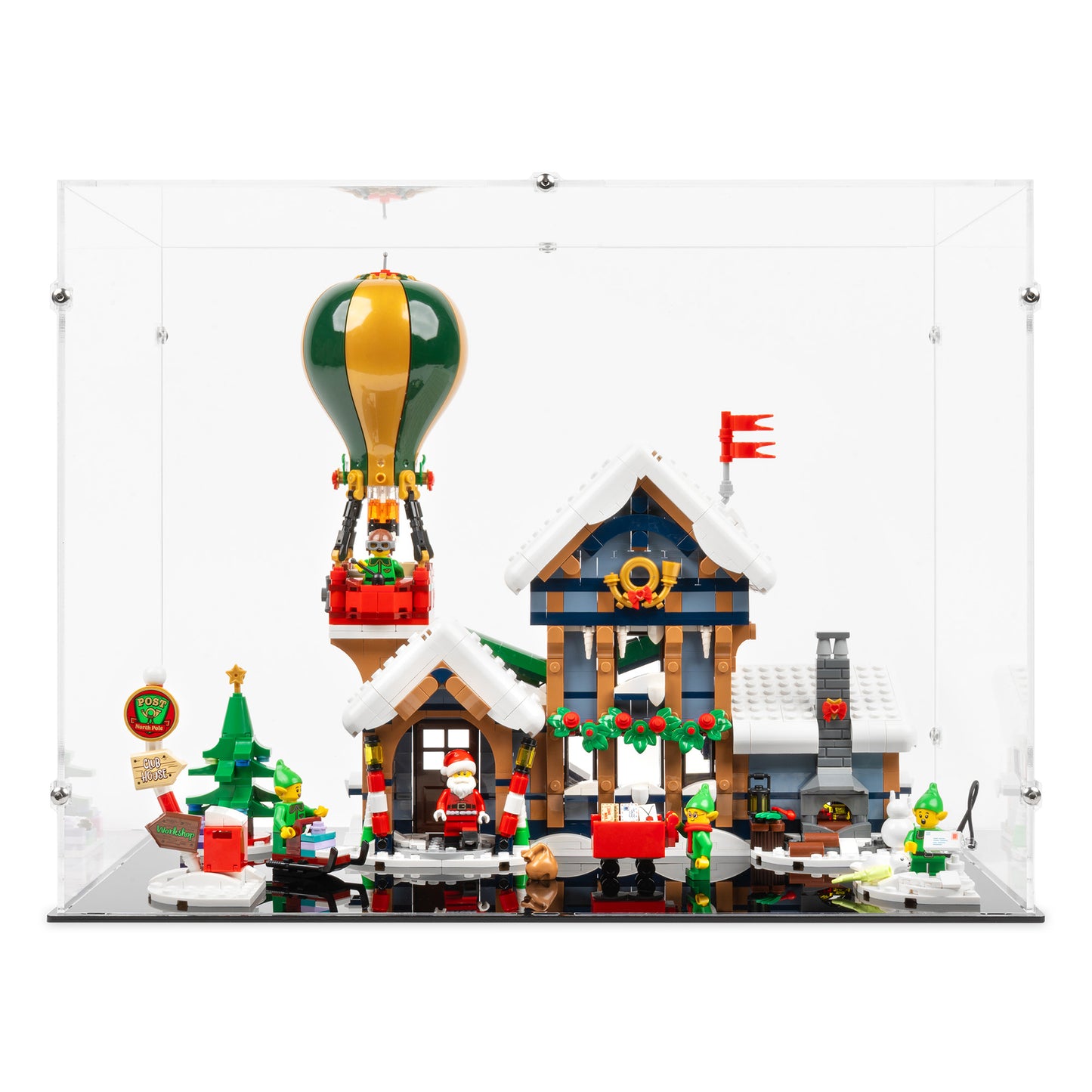 Front view of LEGO 10339 Santa's Post Office Display Case with a black base.