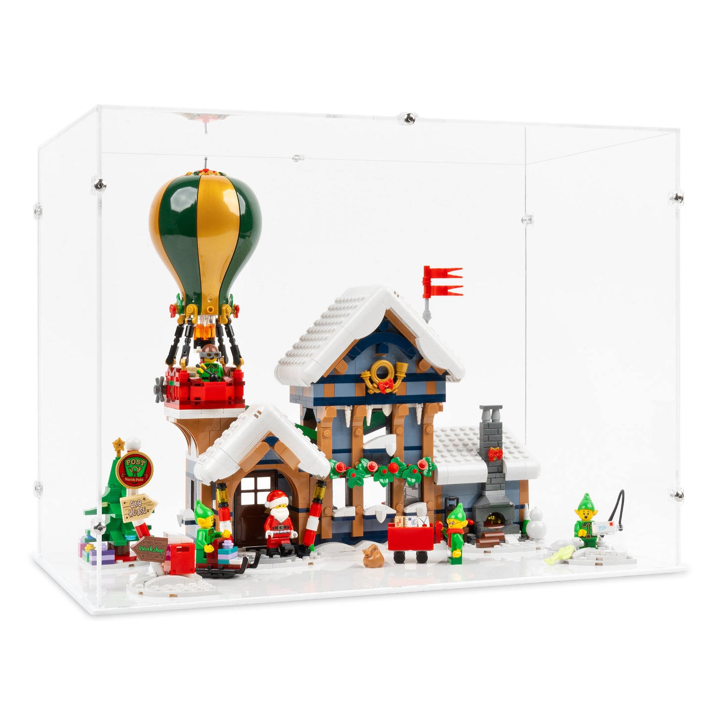 Angled view of LEGO 10339 Santa's Post Office Display Case with a white base.