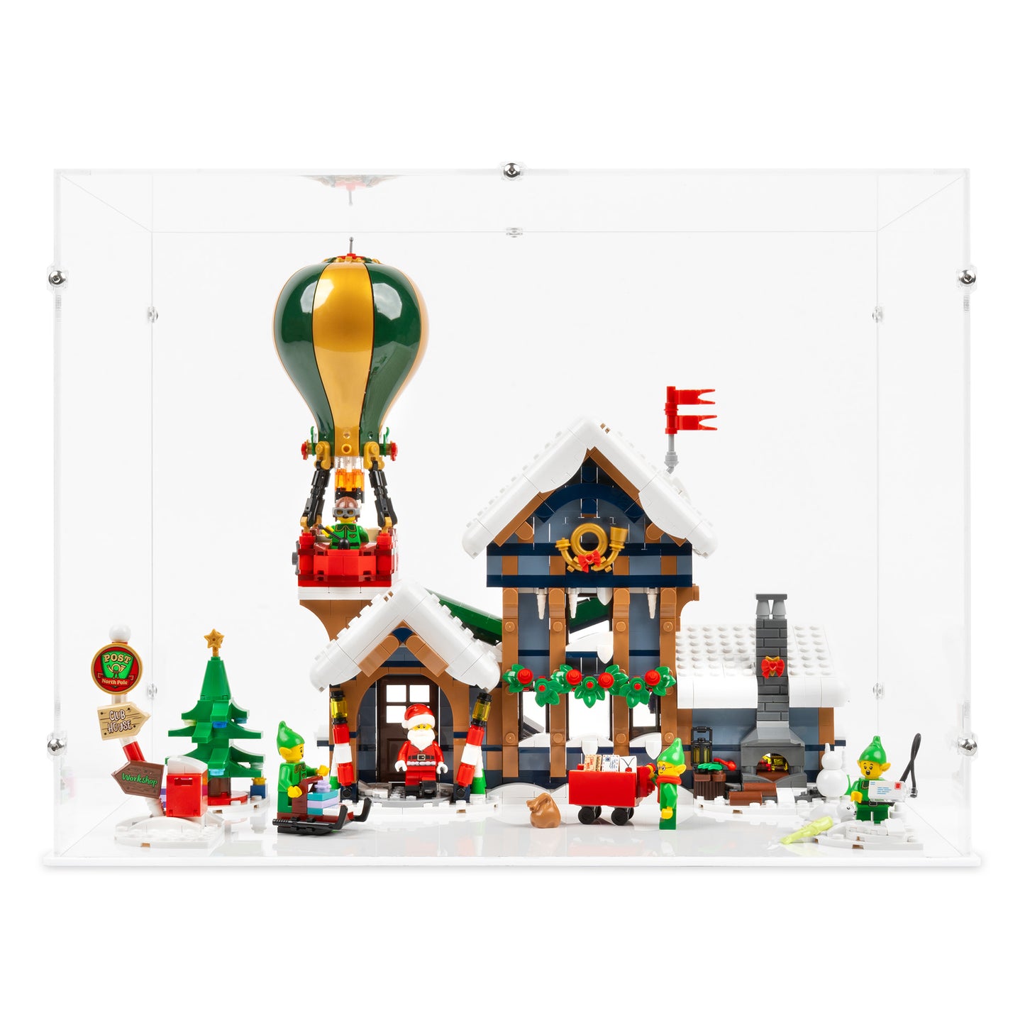 Front view of LEGO 10339 Santa's Post Office Display Case with a white base.