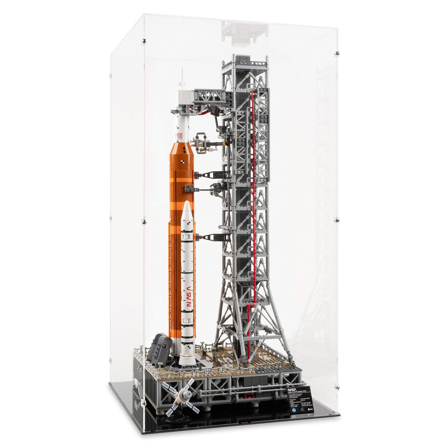 Angled view of LEGO 10341 NASA Artemis Space Launch System Display Case.