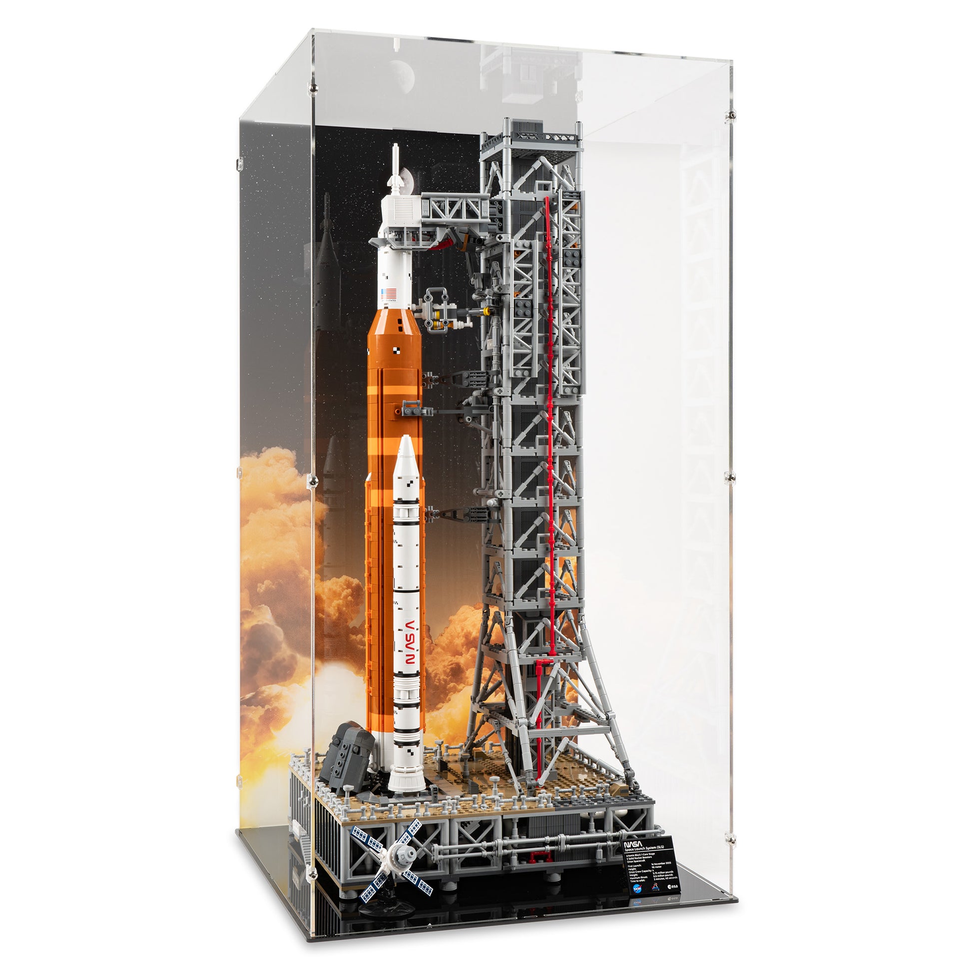 Angled view of LEGO 10341 NASA Artemis Space Launch System Display Case with a UV printed background.