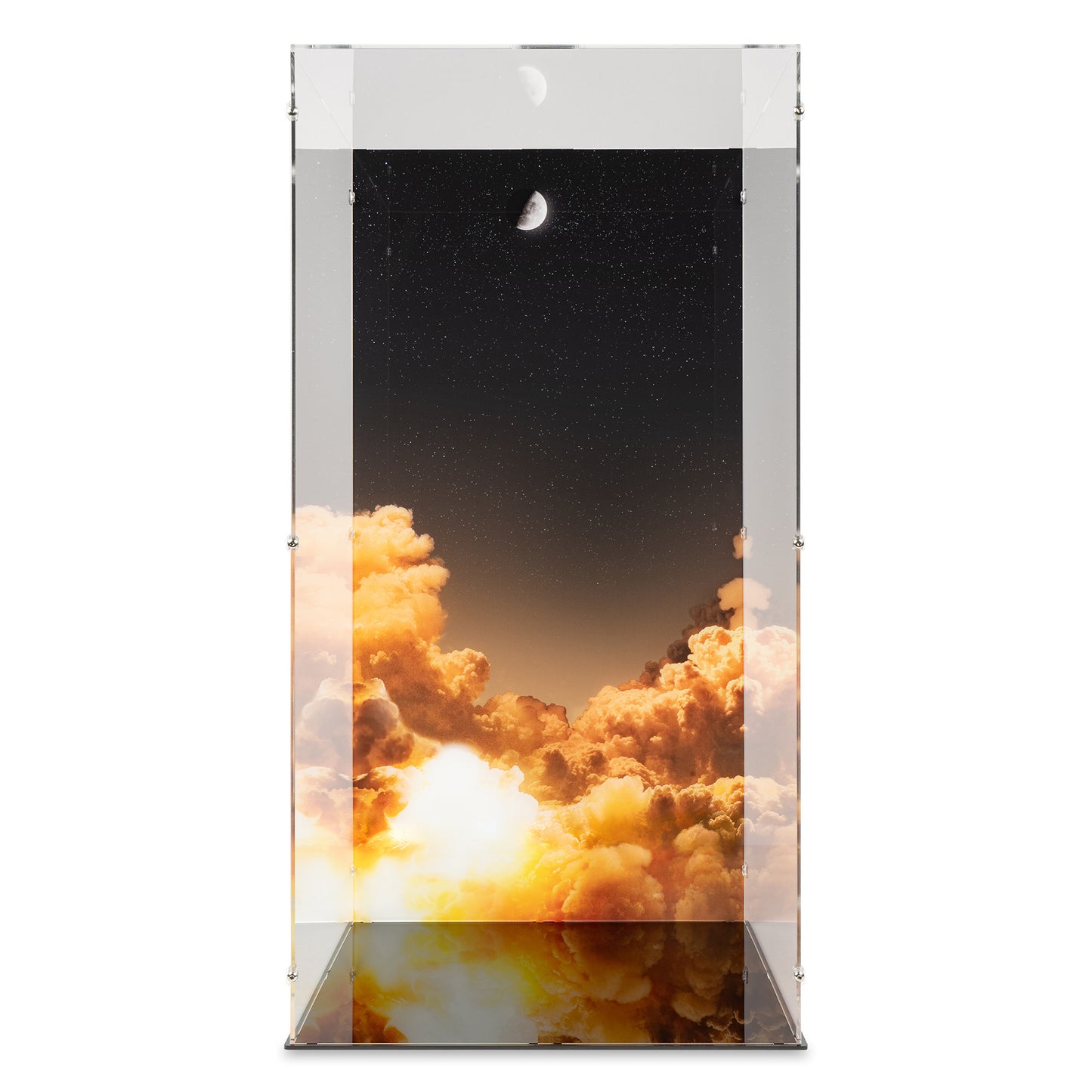 Front view of empty LEGO 10341 NASA Artemis Space Launch System Display Case with a UV printed background.