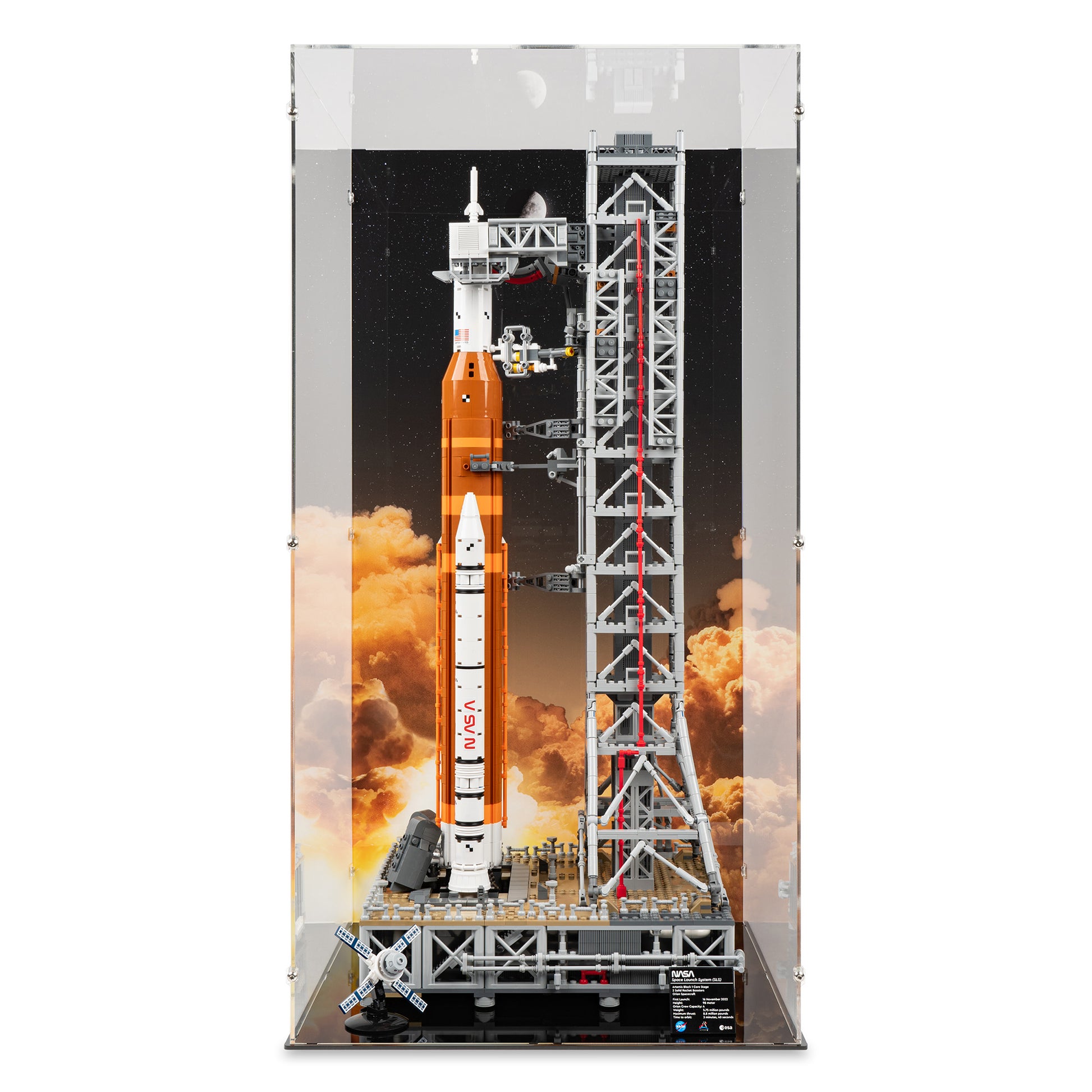 Front view of LEGO 10341 NASA Artemis Space Launch System Display Case with a UV printed background.