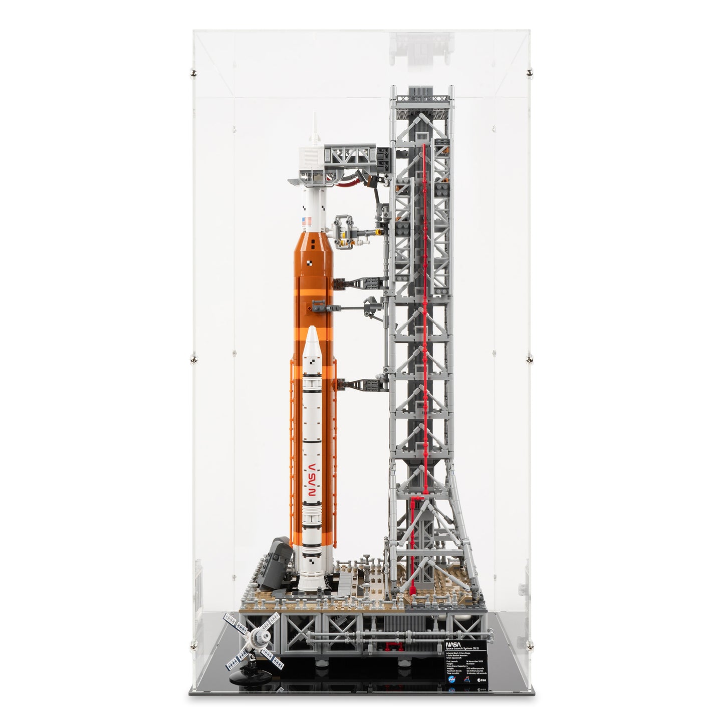 Front view of LEGO 10341 NASA Artemis Space Launch System Display Case.