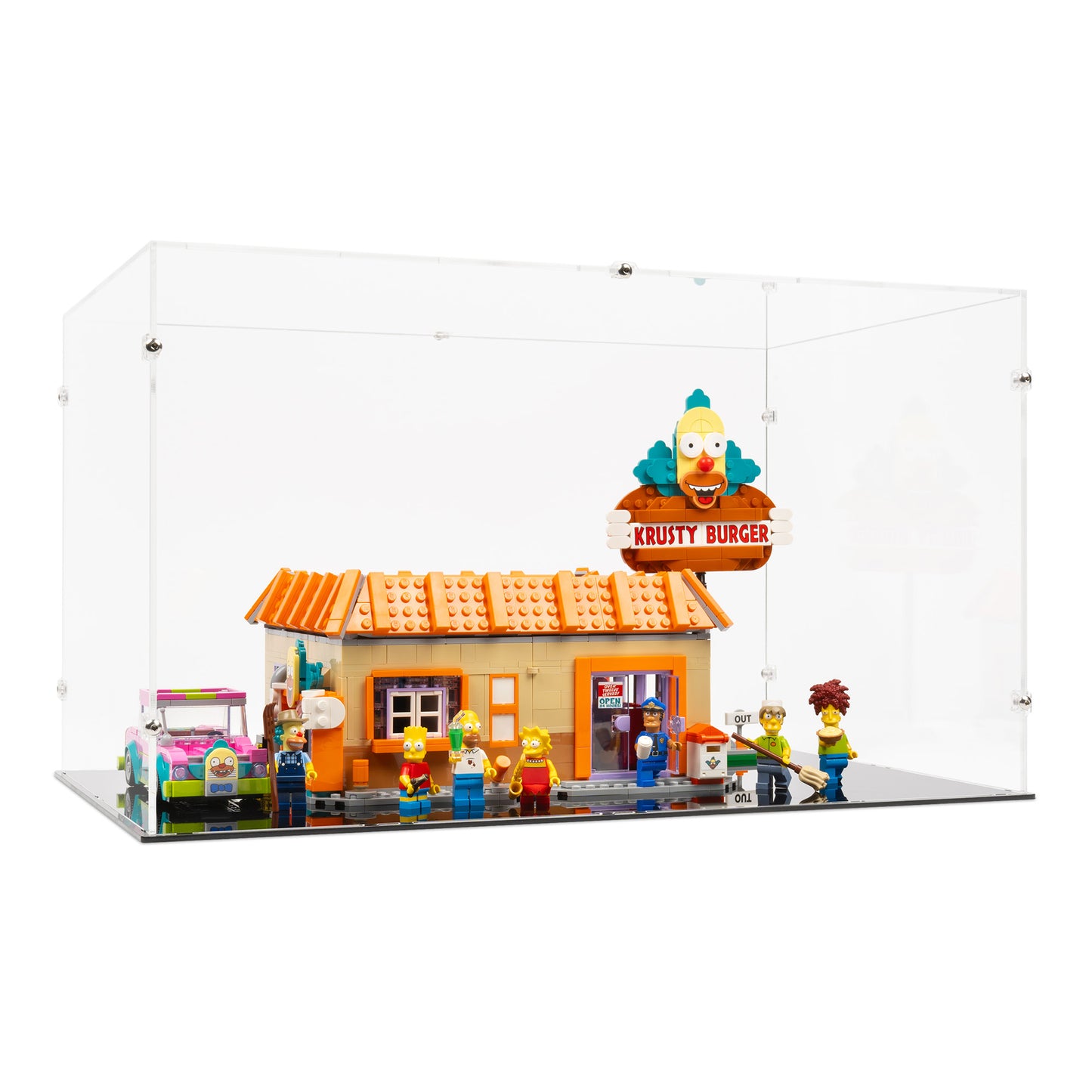 Angled view of LEGO 10352 The Simpsons Krusty Burger Display Case.