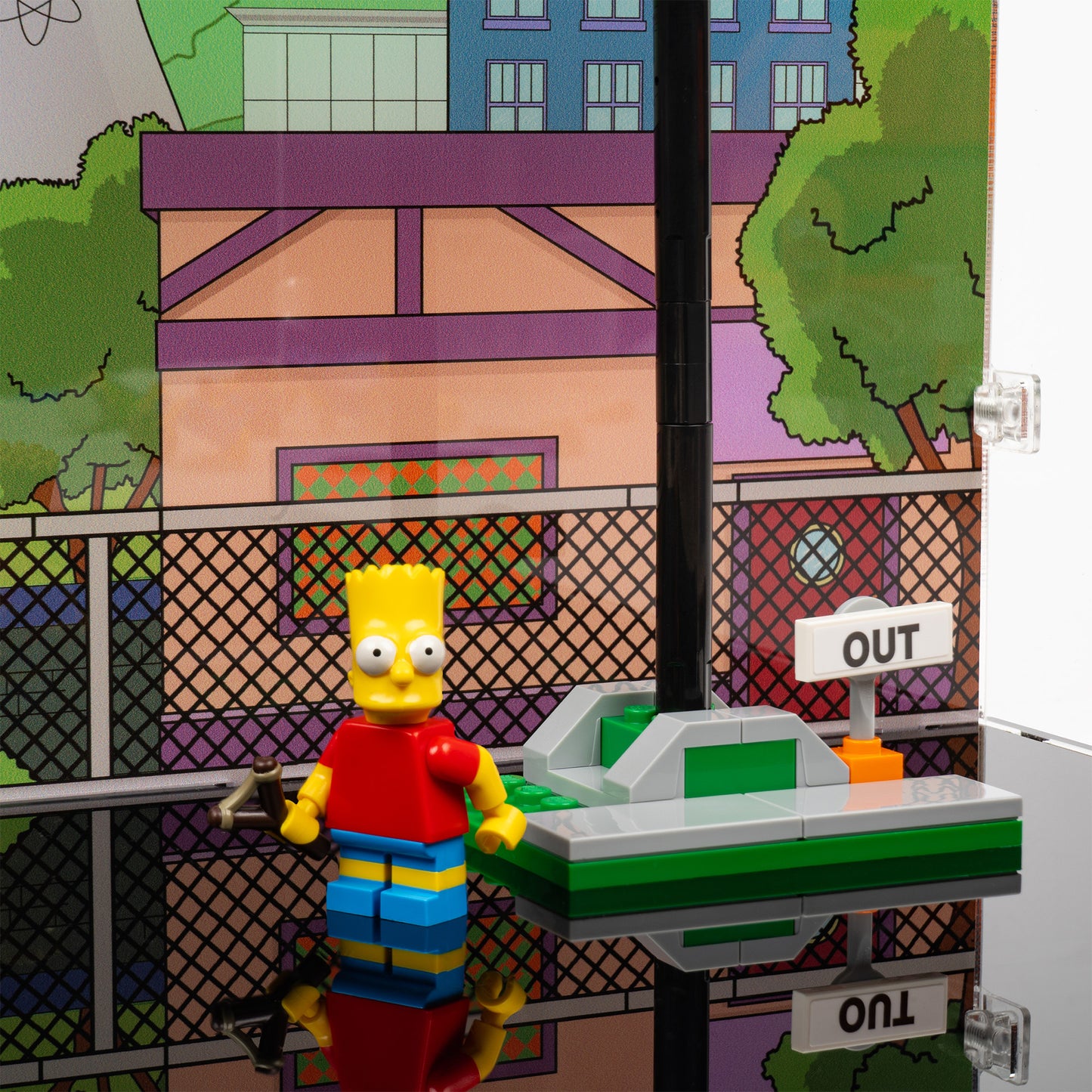 Bart detail view of LEGO 10352 The Simpsons Krusty Burger Display Case with a UV printed background.