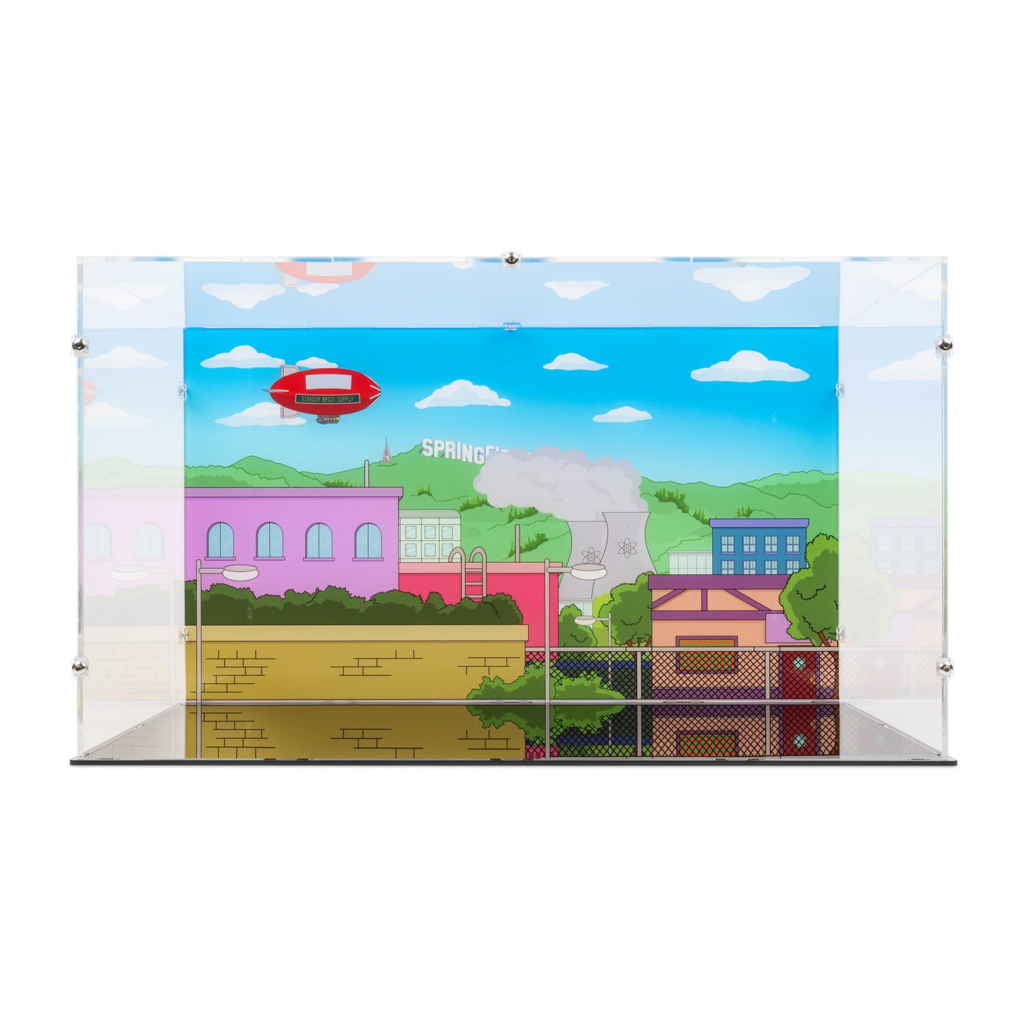 Front view of empty LEGO 10352 The Simpsons Krusty Burger Display Case with a UV printed background.