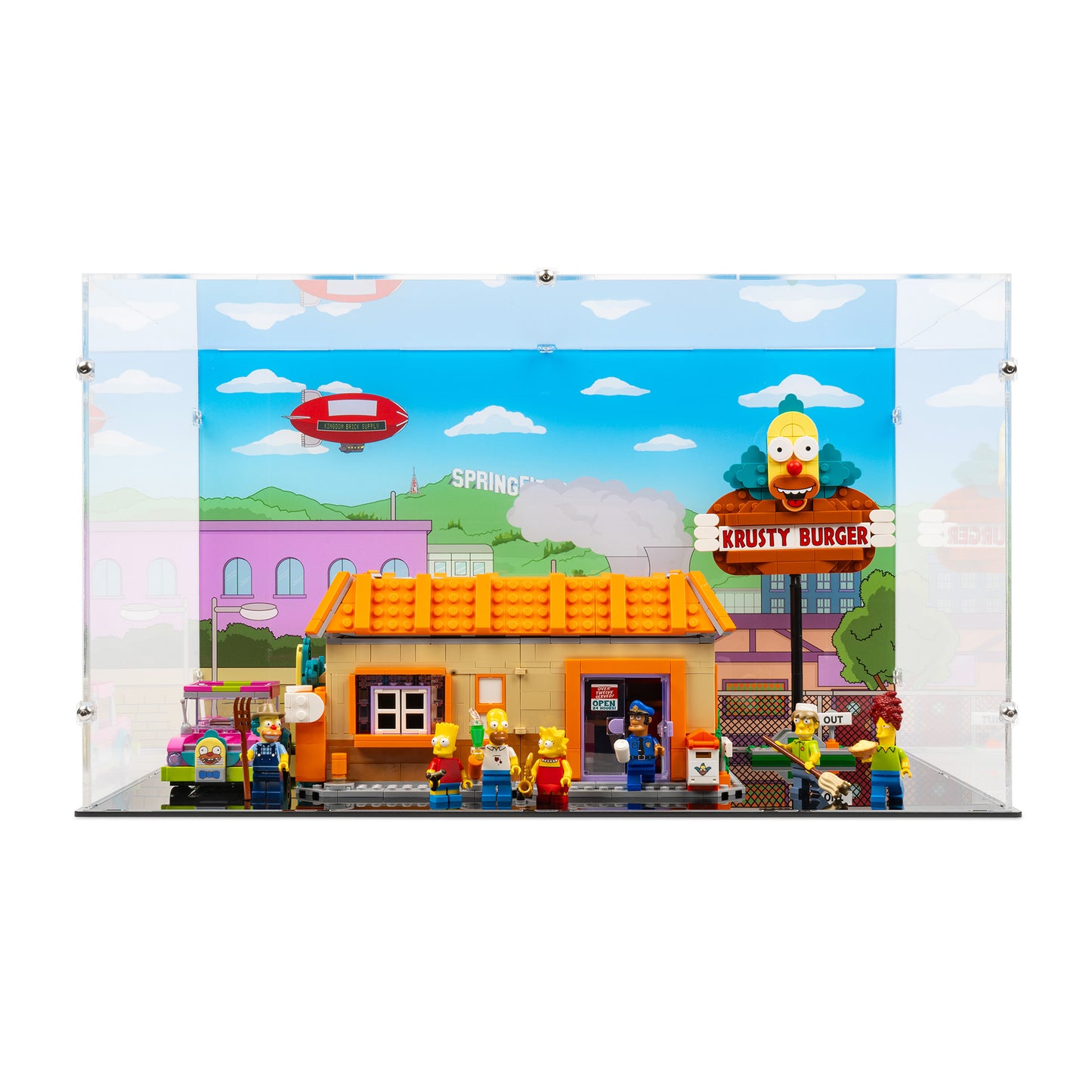 Front view of LEGO 10352 The Simpsons Krusty Burger Display Case with a UV printed background.