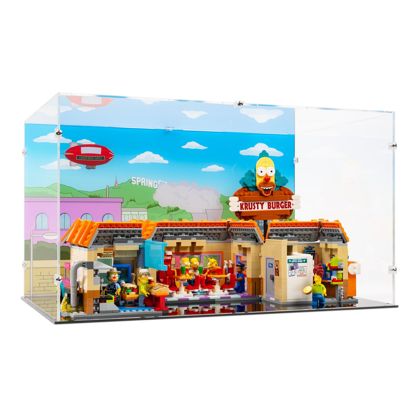 Angled view of LEGO 10352 The Simpsons Krusty Burger Display Case opened with a UV printed background.
