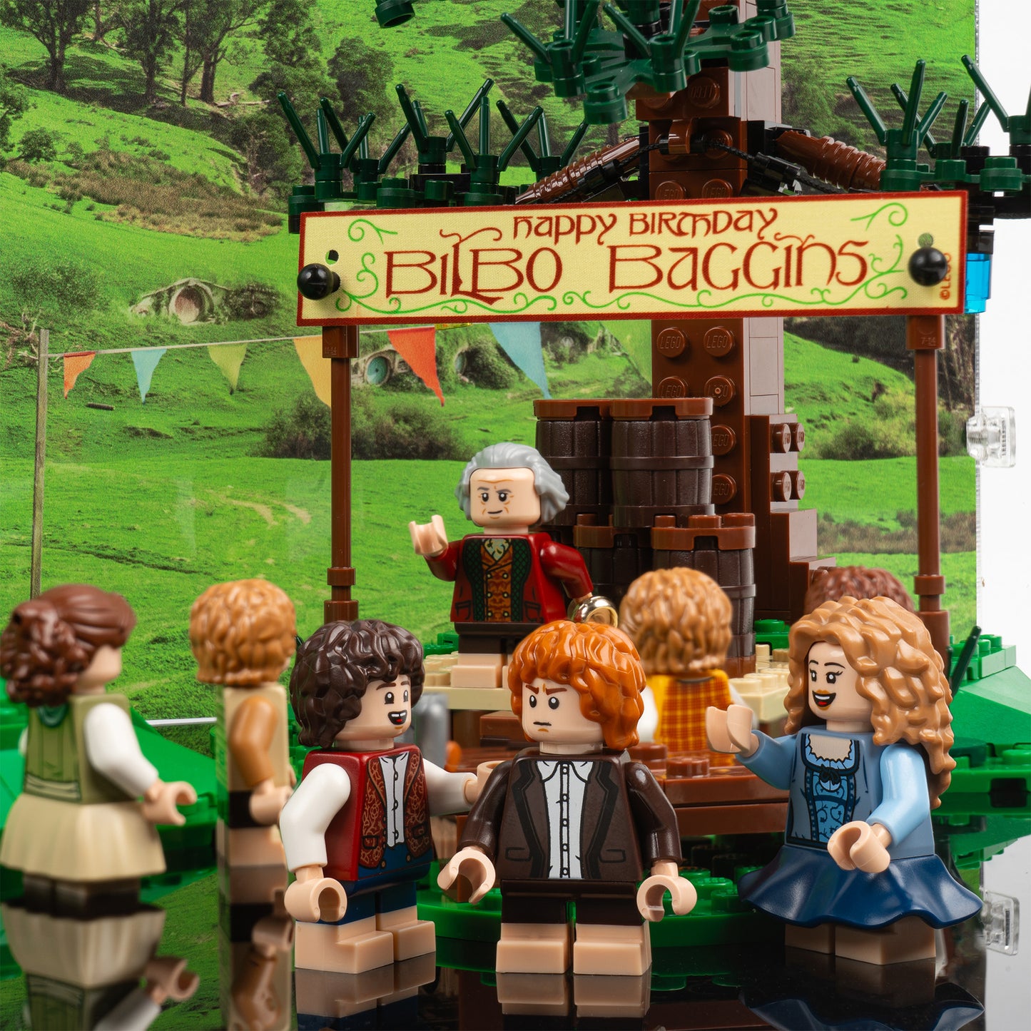 Party detail view of LEGO 10354 The Lord of the Rings The Shire Display Case with a UV printed background.