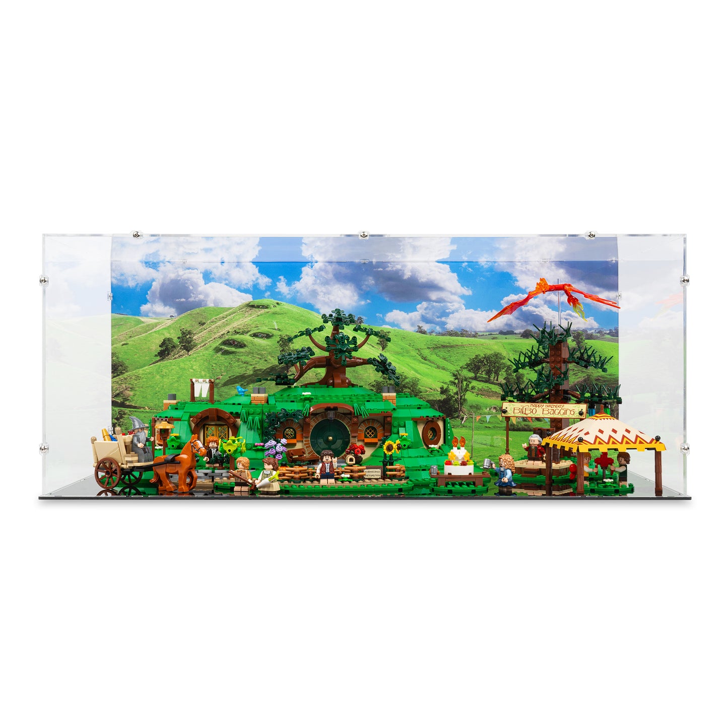 Front view of LEGO 10354 The Lord of the Rings The Shire Display Case with a UV printed background.