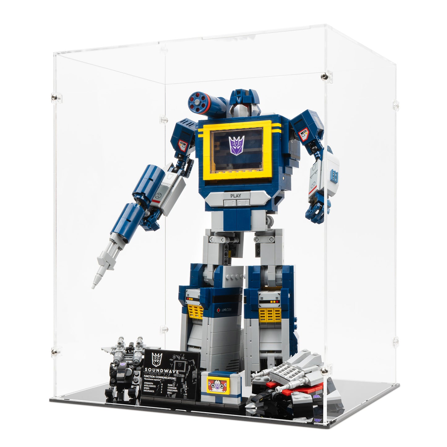 Angled view of LEGO 10358 Soundwave Display Case.