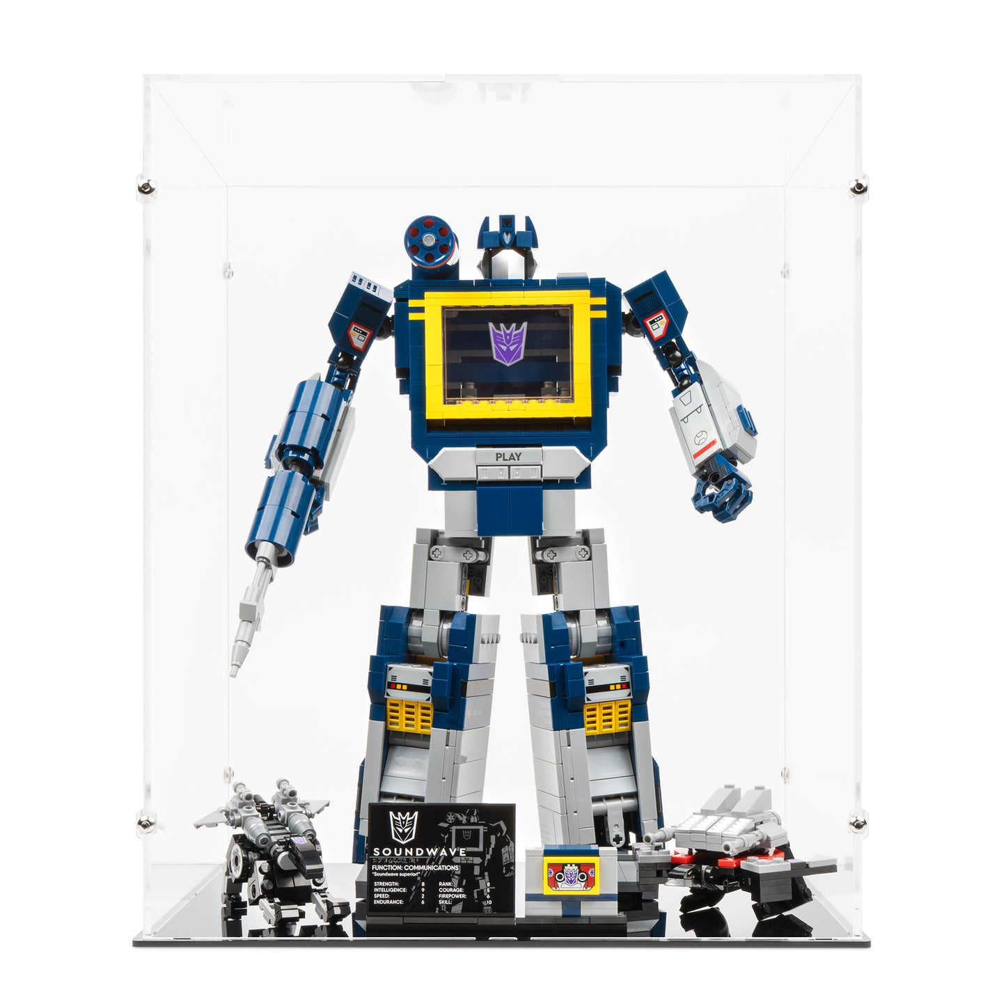 Front view of LEGO 10358 Soundwave Display Case.