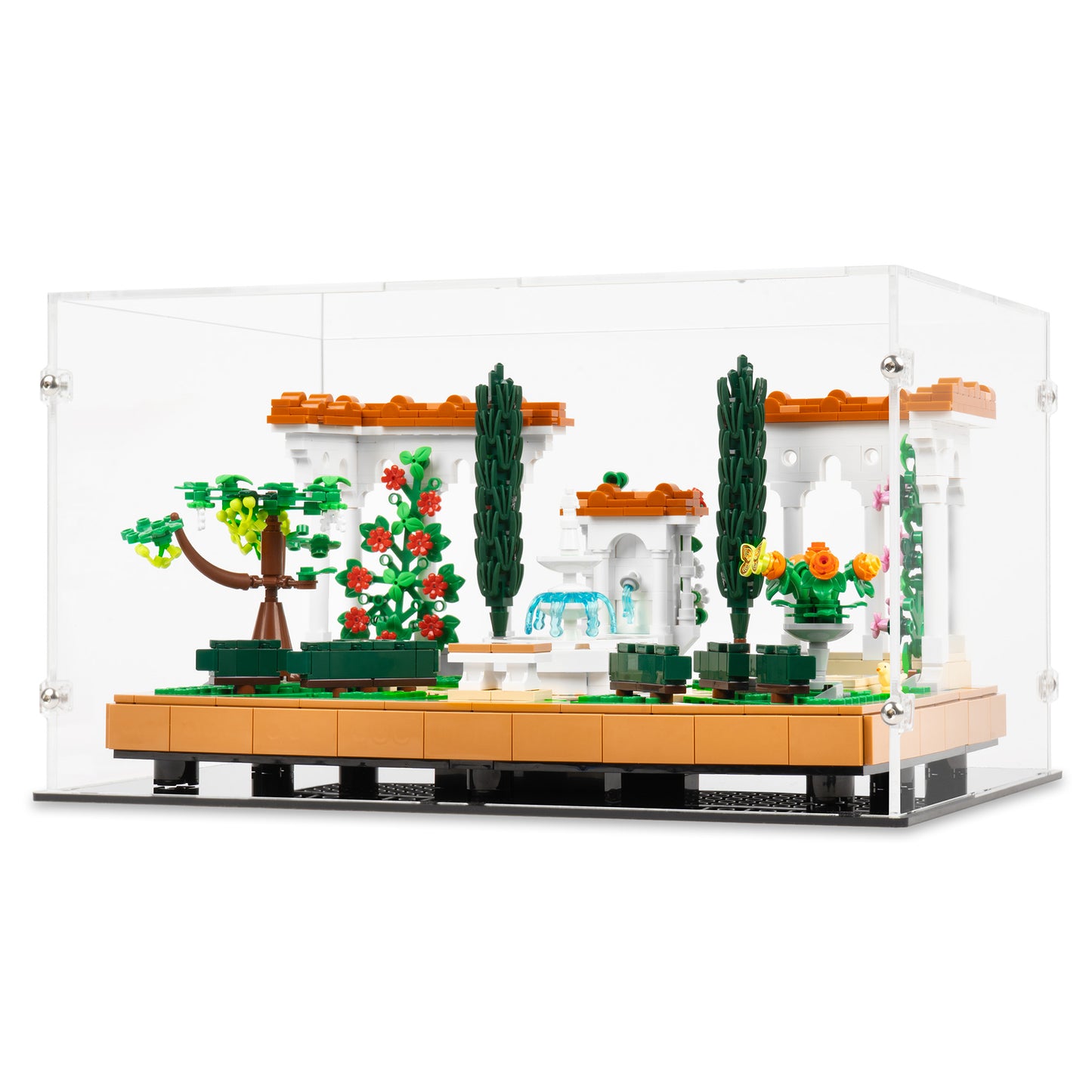 Angled view of LEGO 10359 Fountain Garden Display Case.