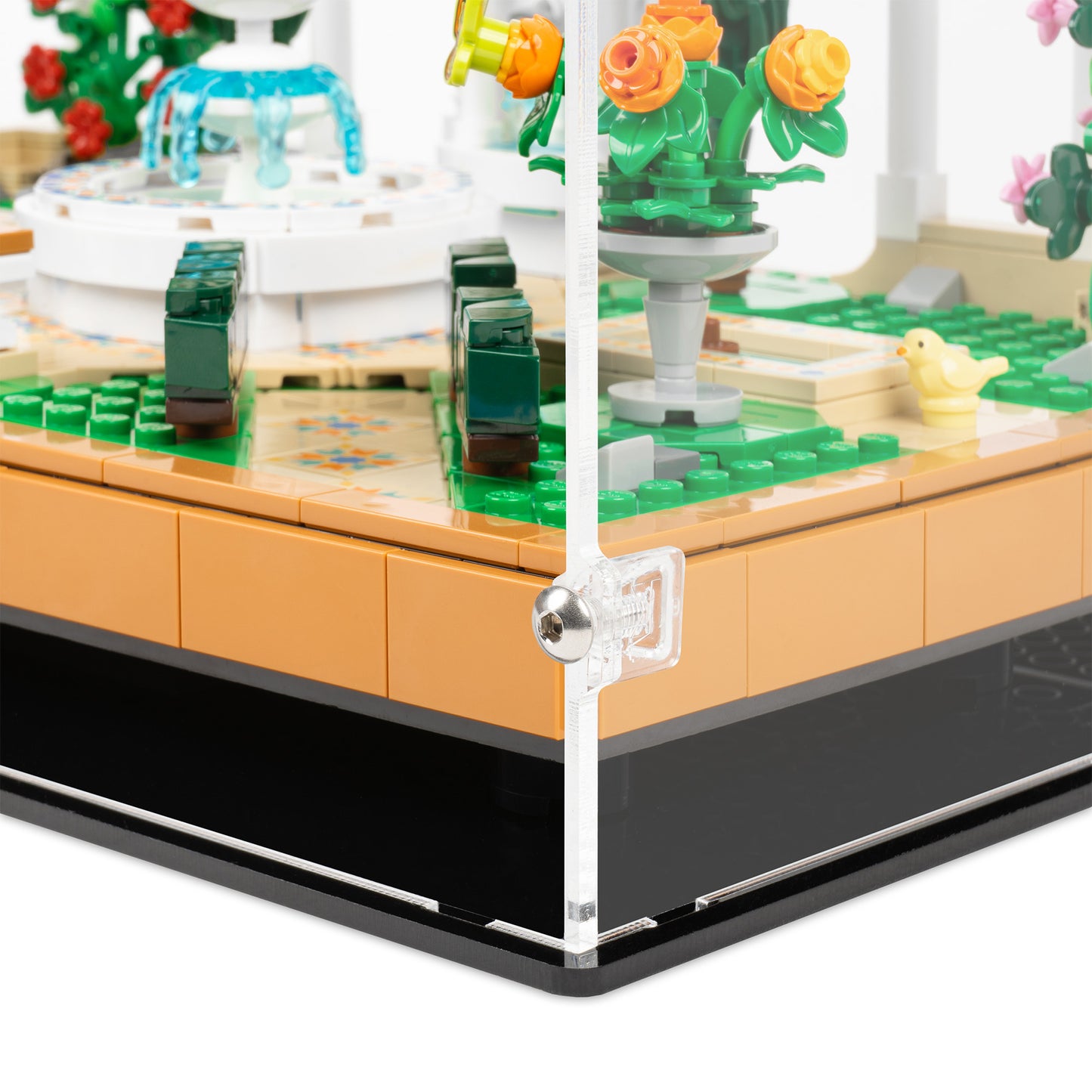 Fitting detail view of LEGO 10359 Fountain Garden Display Case.