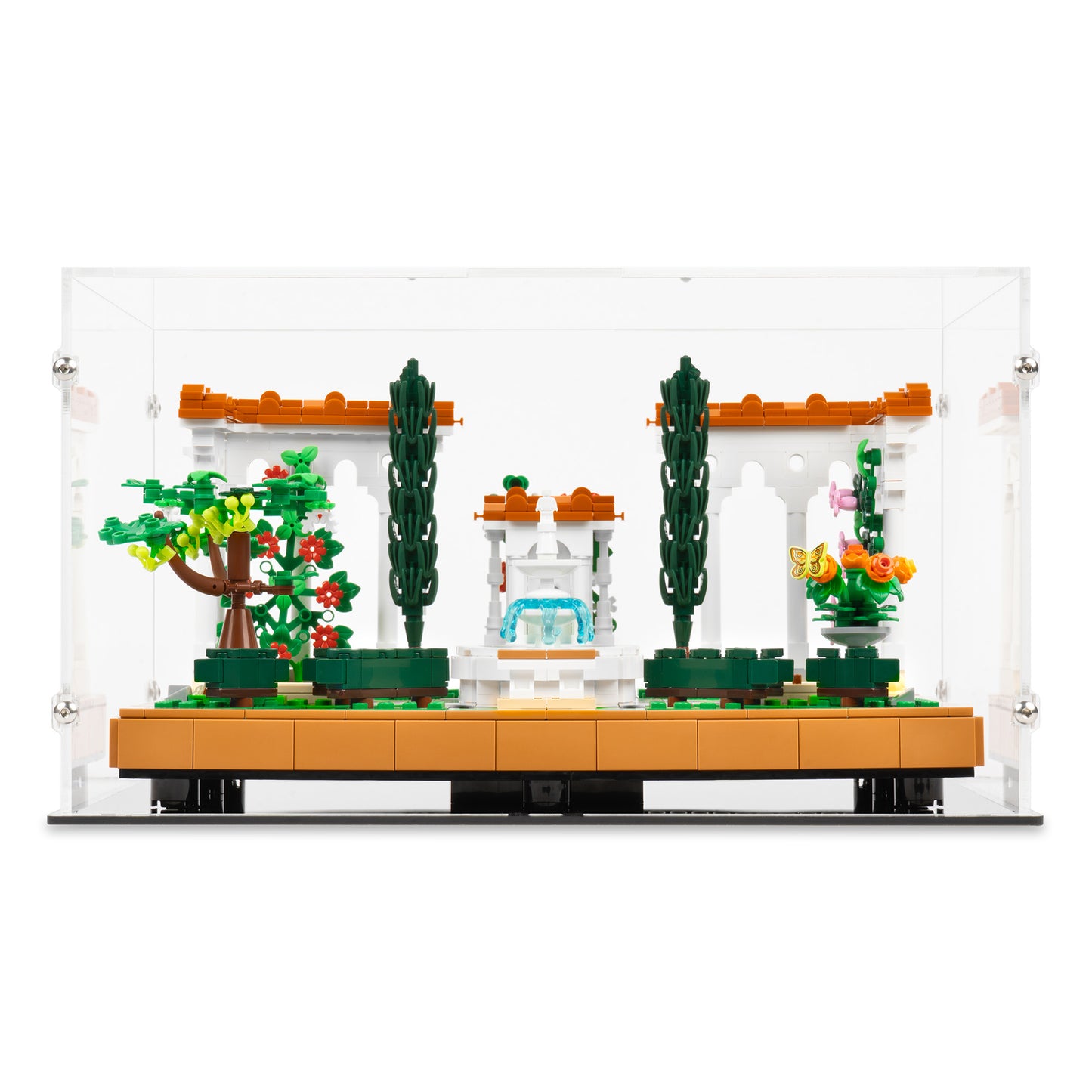 Front view of LEGO 10359 Fountain Garden Display Case.