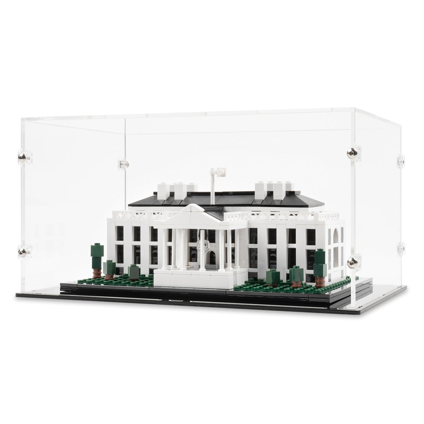 Angled view of LEGO 21006 The White House Display Case.