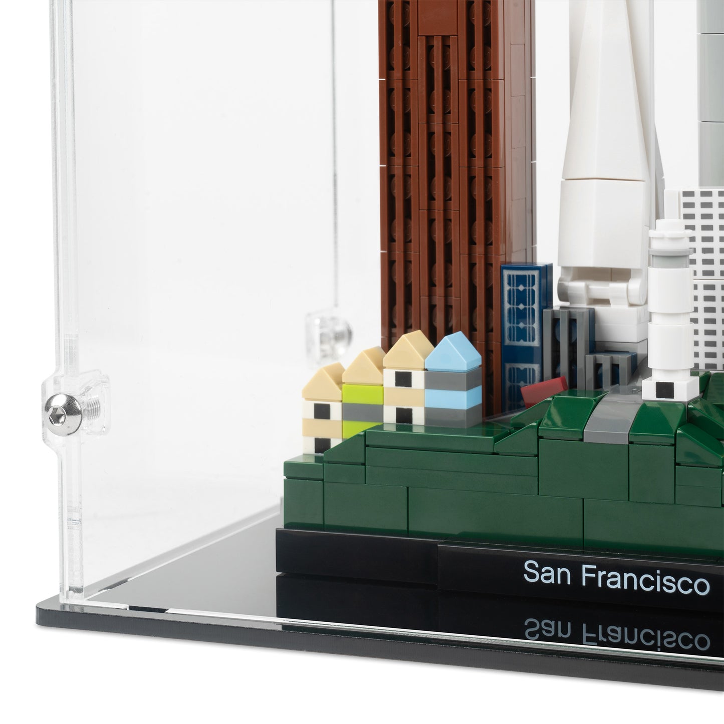 Fitting detail view of LEGO 21043 San Francisco Display Case.