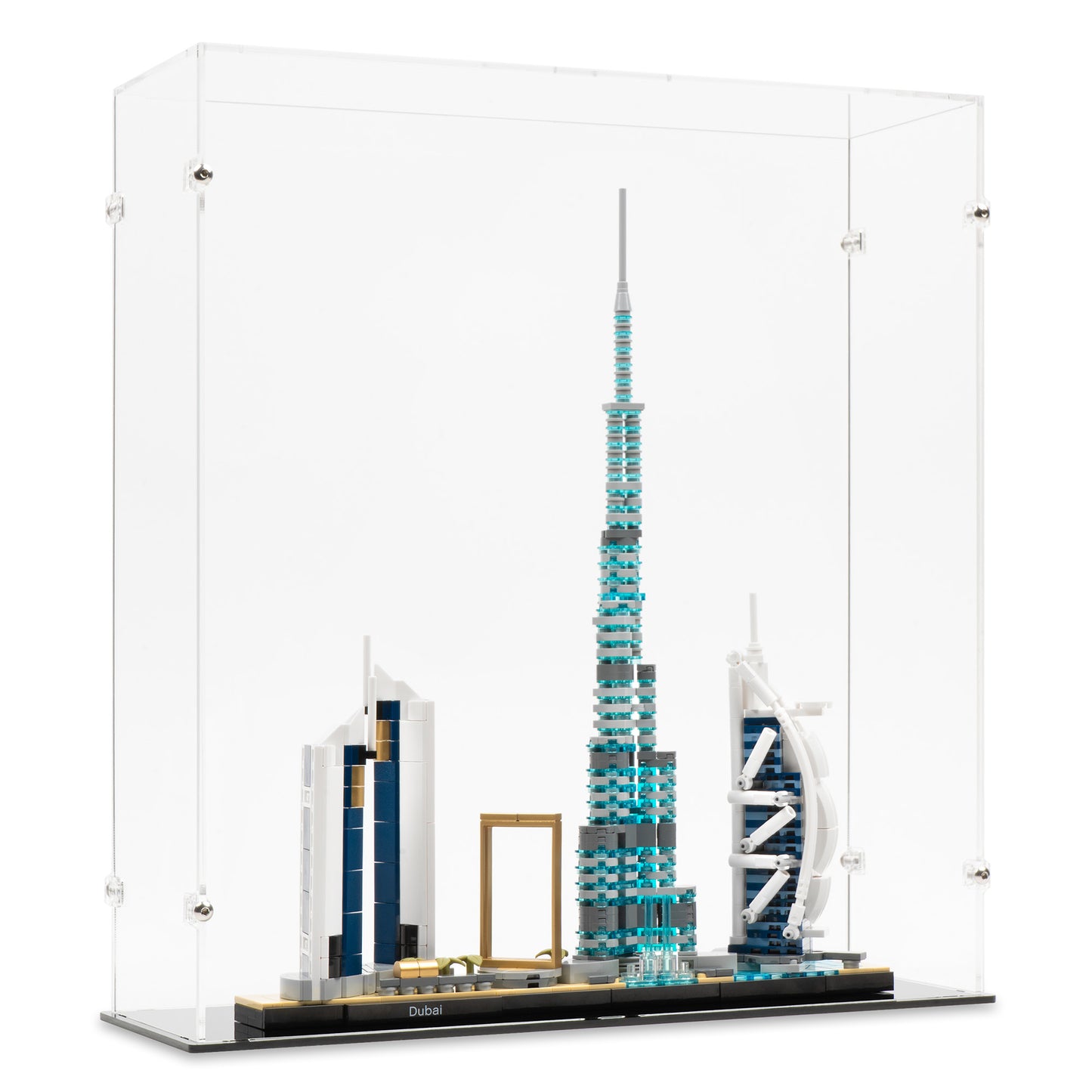 Angled view of LEGO 21052 Dubai Display Case.