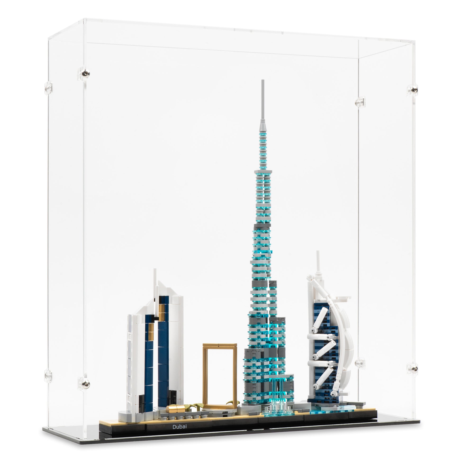 Angled view of LEGO 21052 Dubai Display Case.