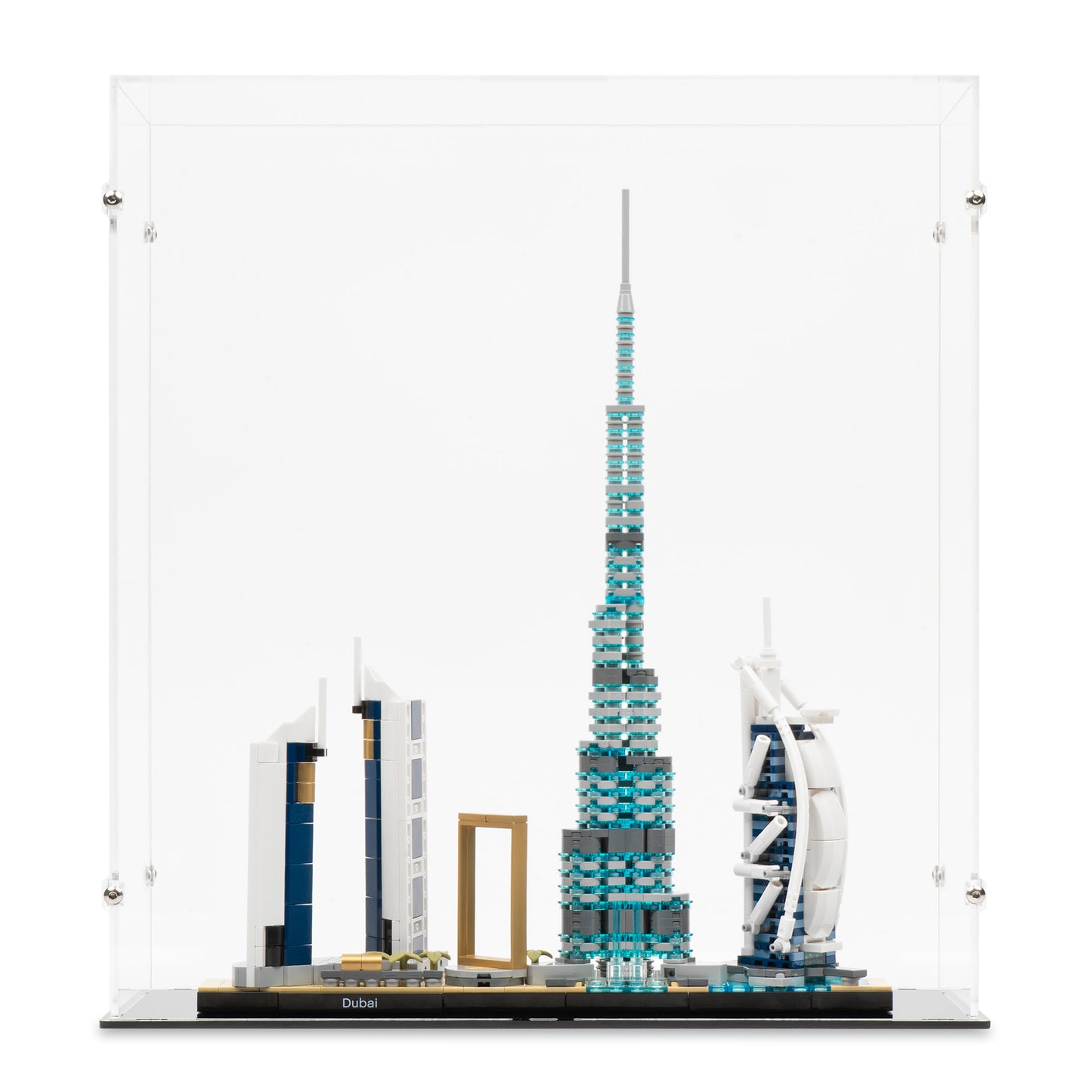 Front view of LEGO 21052 Dubai Display Case.