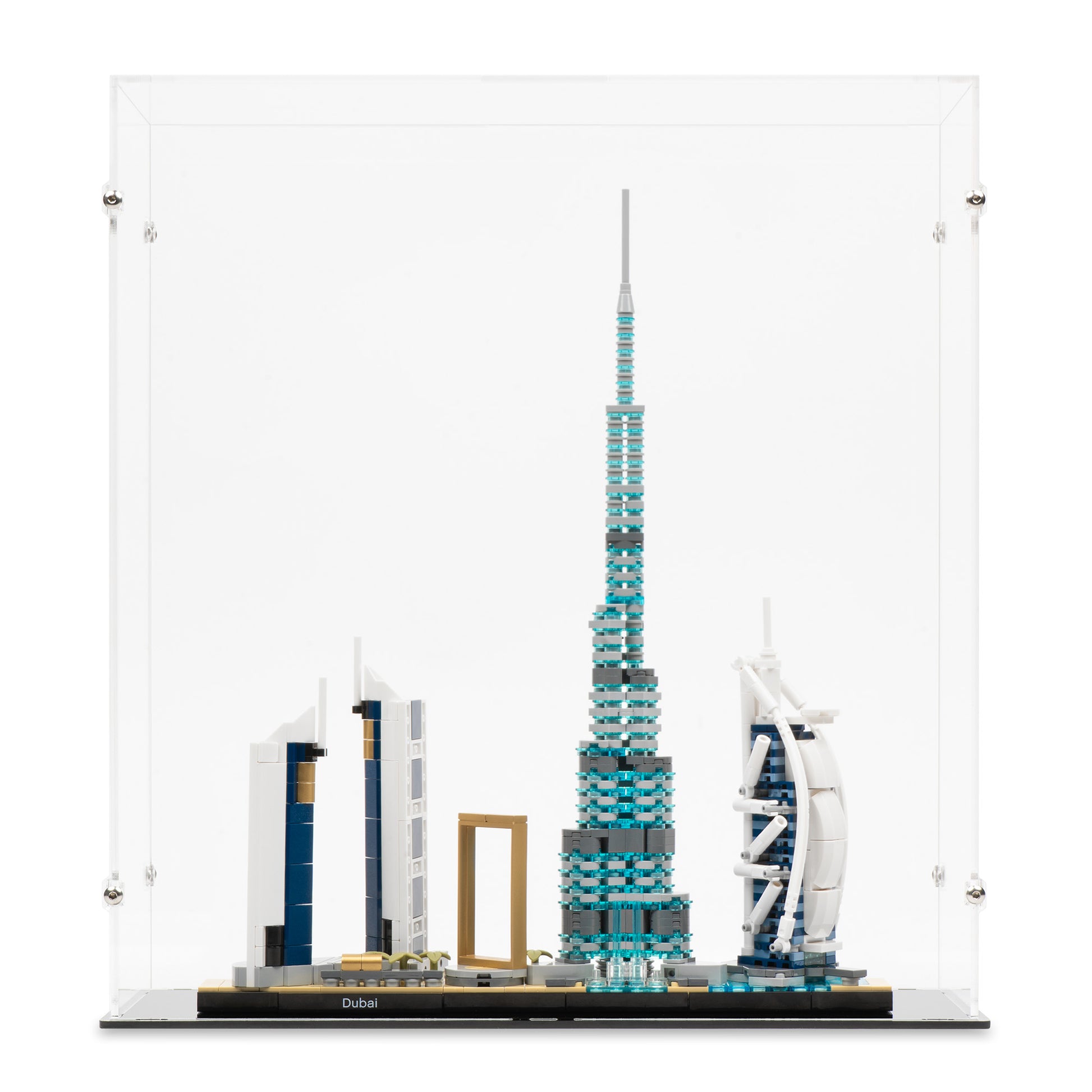 Front view of LEGO 21052 Dubai Display Case.