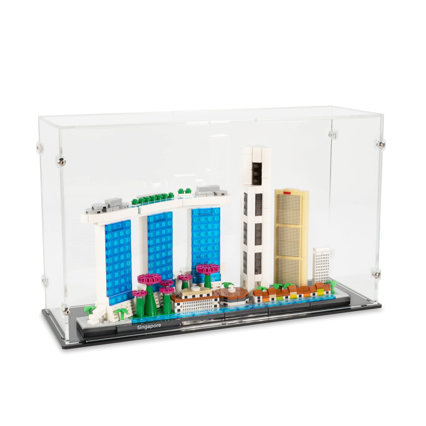 Angled top view of LEGO 21057 Singapore Display Case.