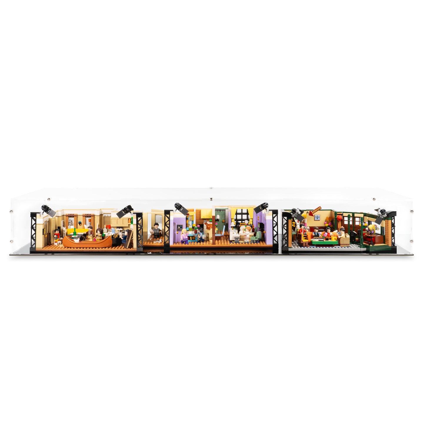 Front view of LEGO 21319 Central Perk & 10292 The Friends Apartments Display Case.