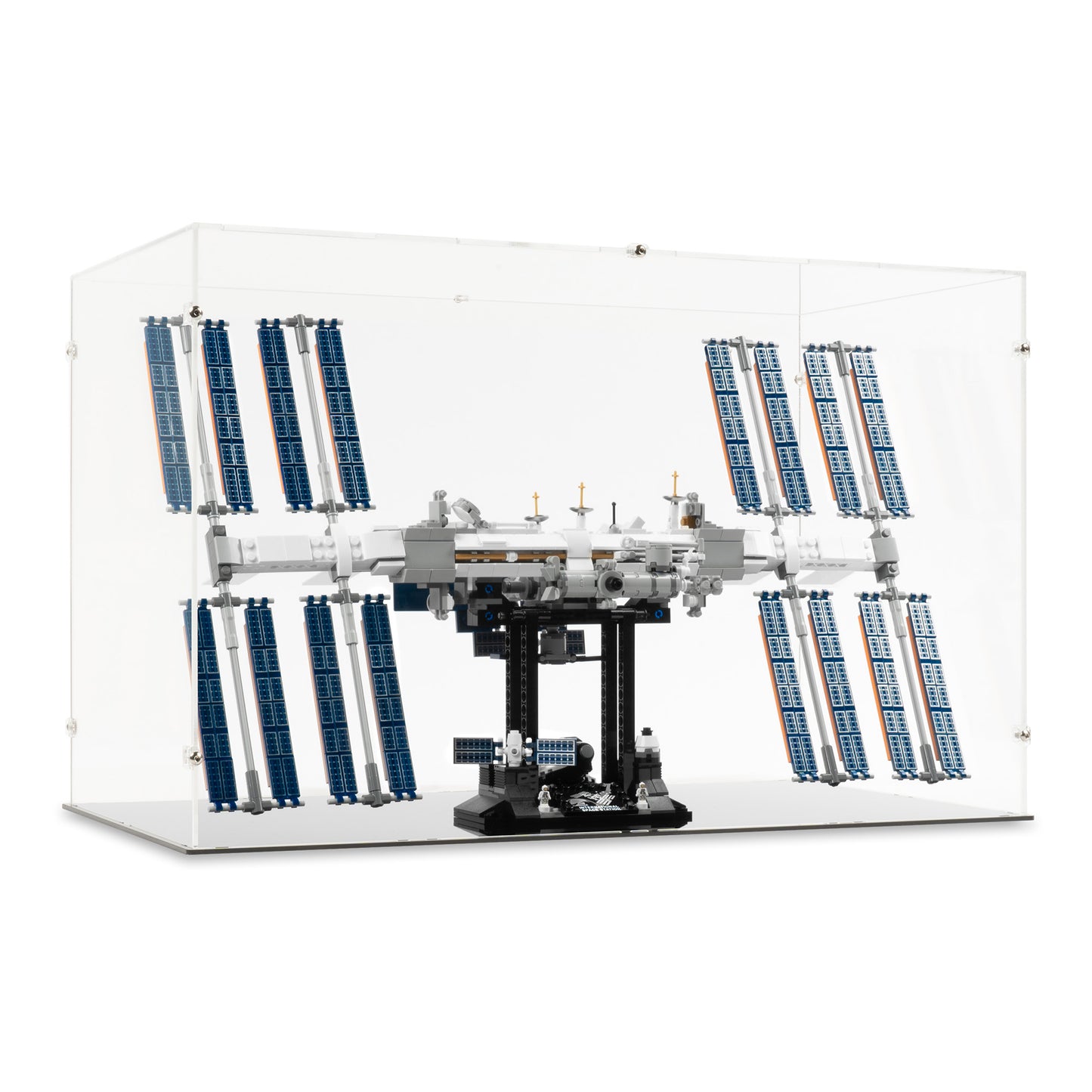 Angled view of LEGO 21321 International Space Station Display Case.