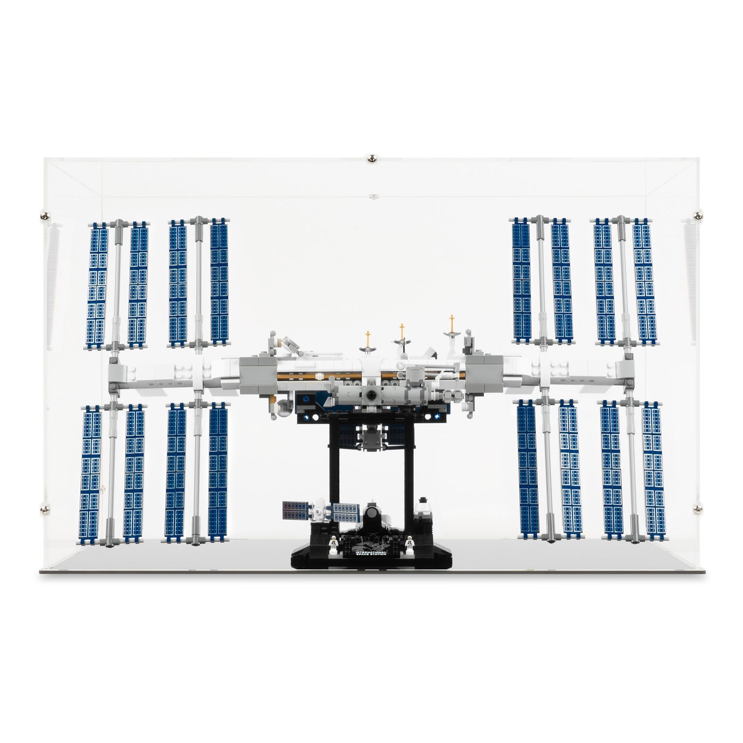 Front view of LEGO 21321 International Space Station Display Case.