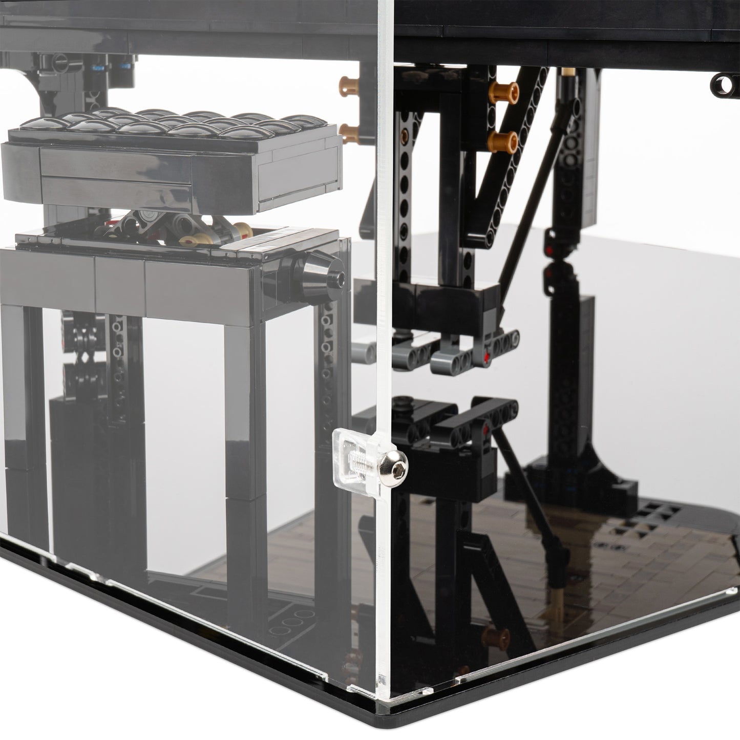 Fitting detail view of LEGO 21323 Grand Piano Display Case.