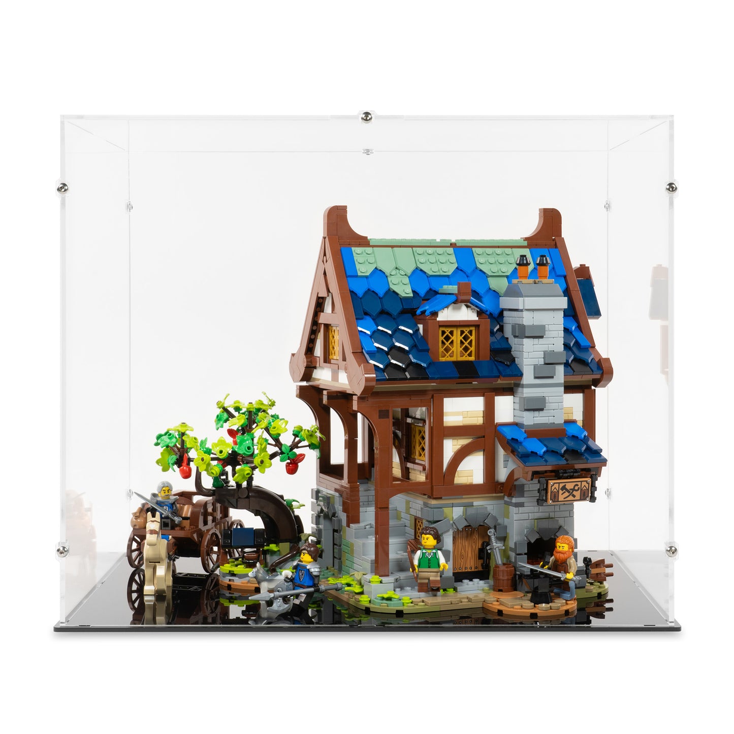 Front view of LEGO 21325 Medieval Blacksmith Display Case.