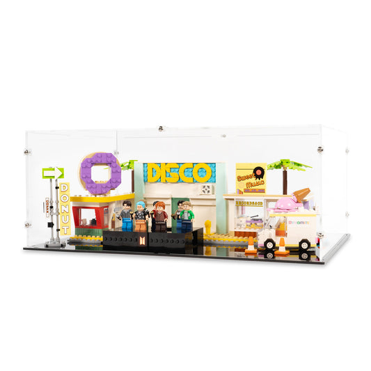Angled view of LEGO 21339 BTS Dynamite Display Case.