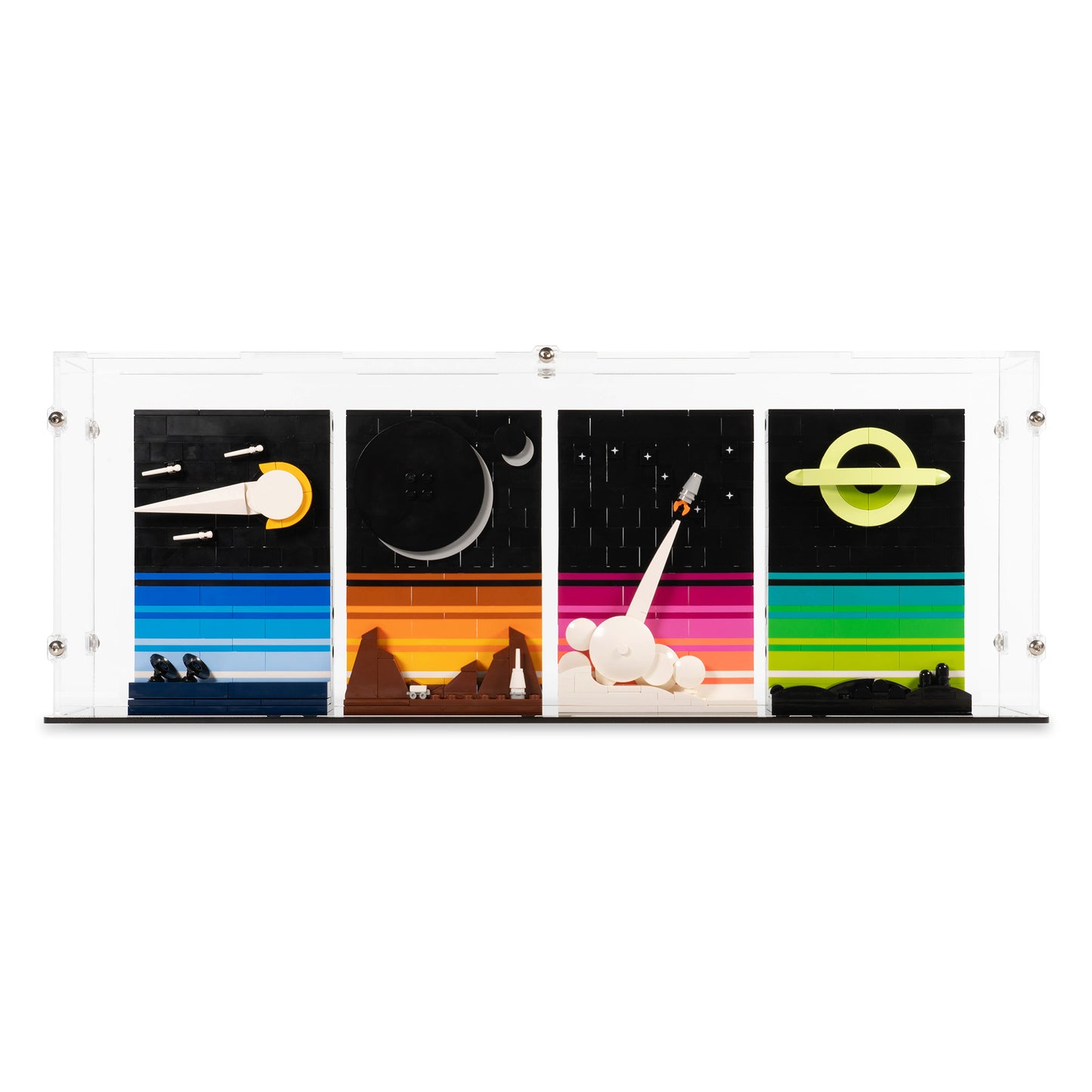 Front view of LEGO 21340 Tales of the Space Age Display Case.