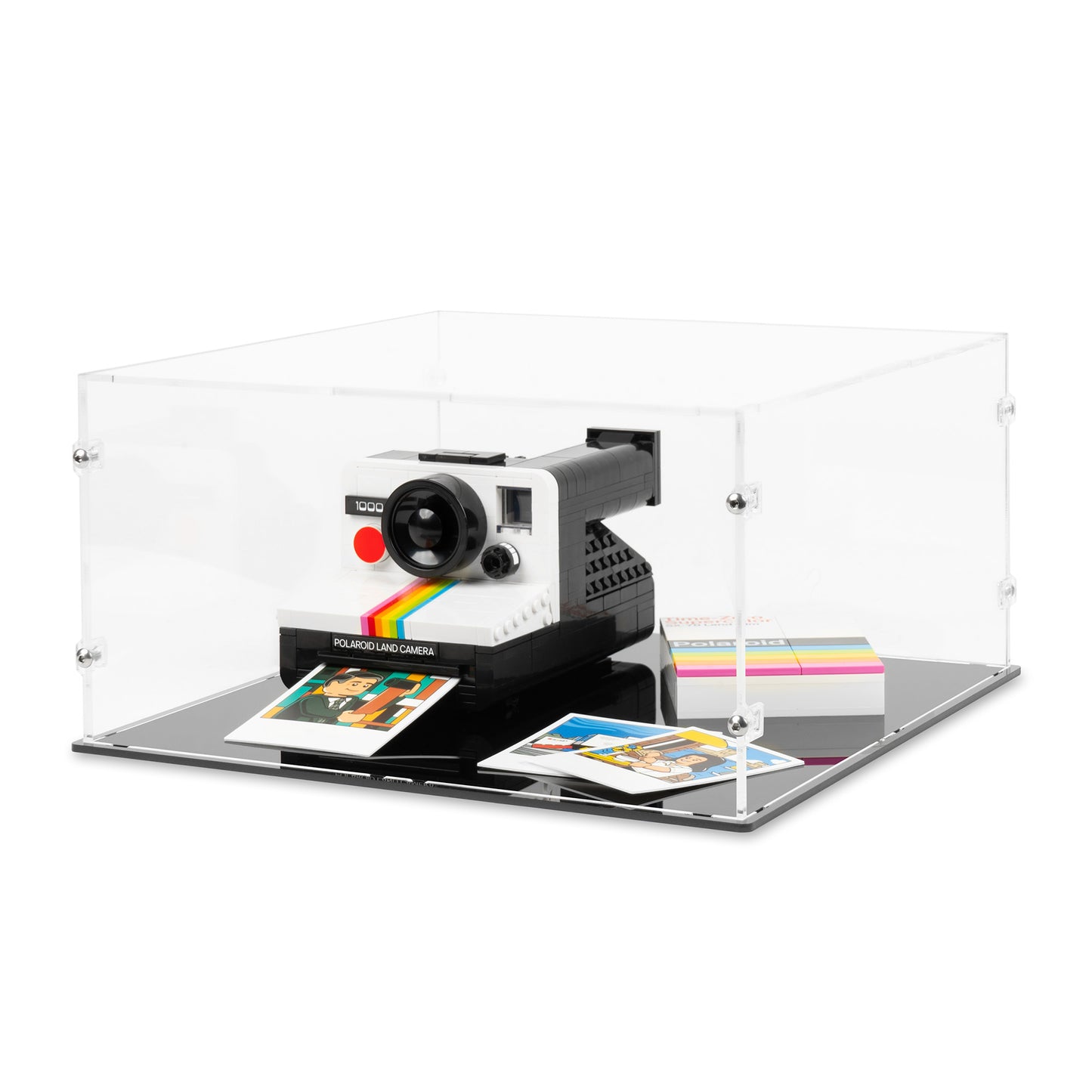 Angled top view of LEGO 21345 Polaroid OneStep SX-70 Camera Display Case.