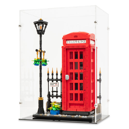 Angled view of LEGO 21347 Red London Telephone Box Display Case.